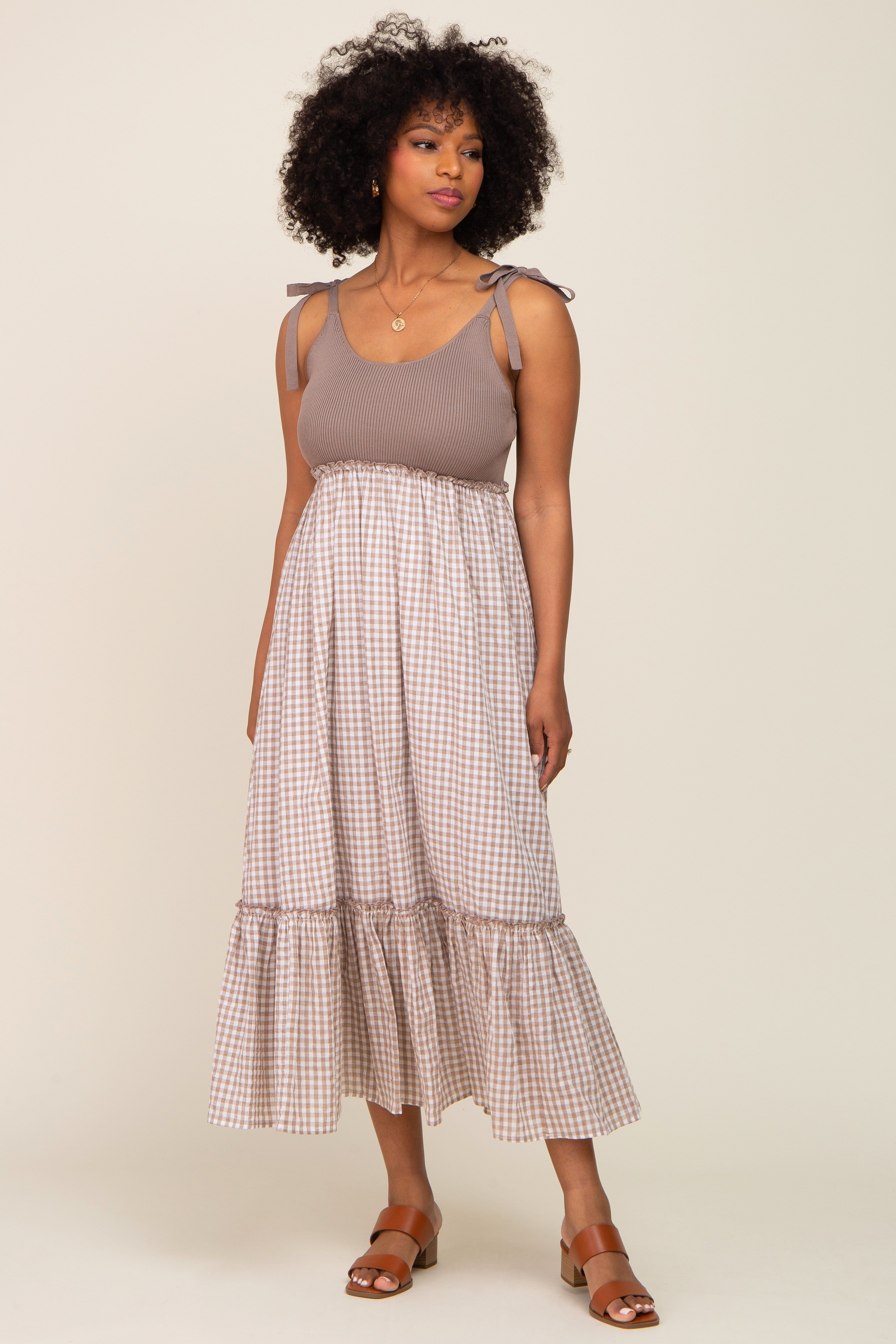 Mocha Gingham Colorblock Dress sold by Pinkblush