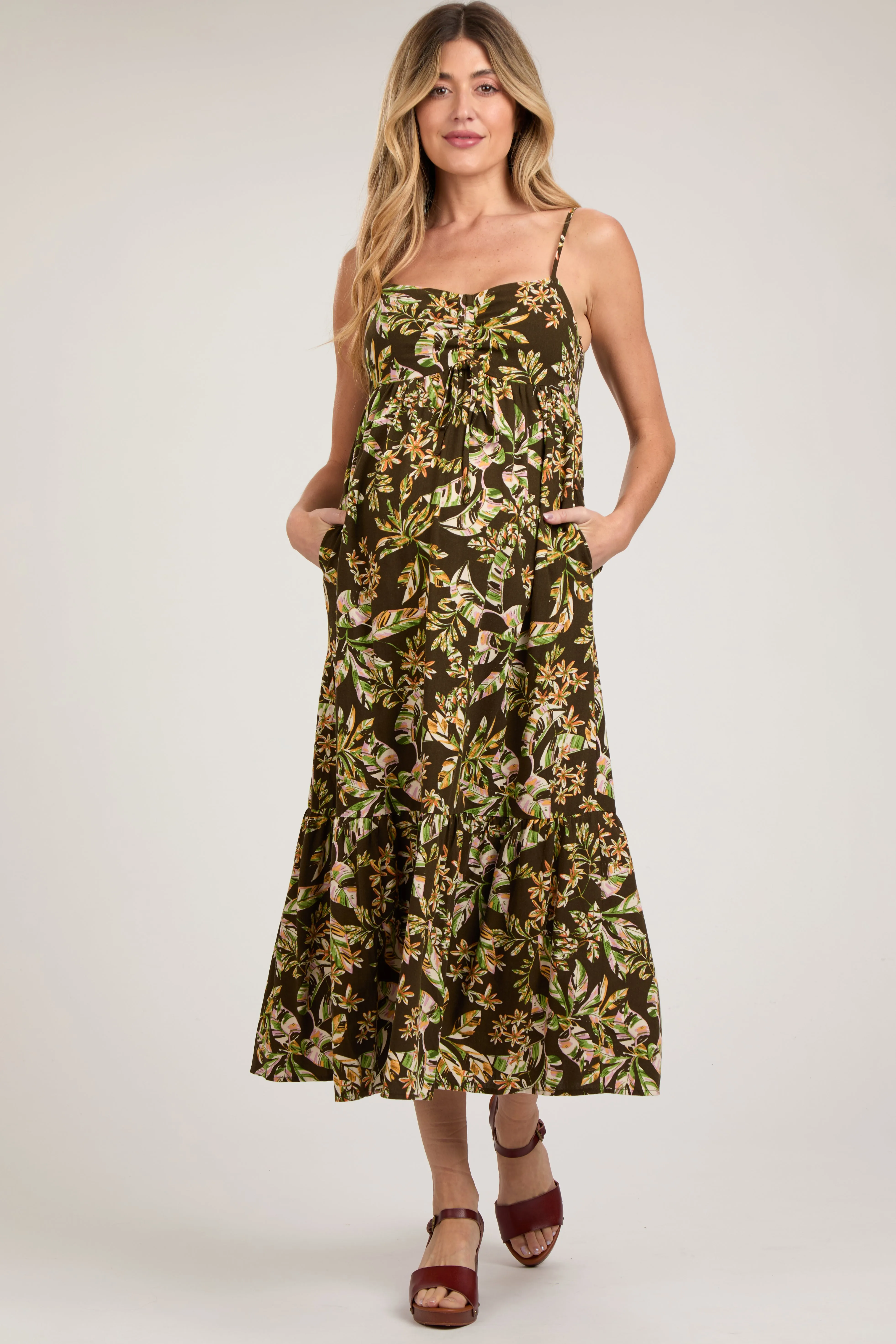 Brown Floral Sleeveless Front Cinched Maternity Midi Dress sold by Pinkblush product image thumbnail 2