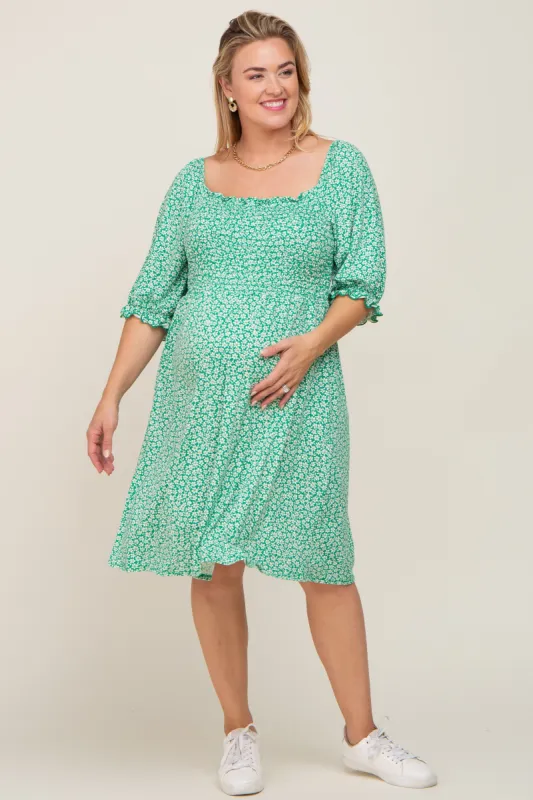 Green Floral Smocked Square Neck Maternity Plus Dress sold by Pinkblush
