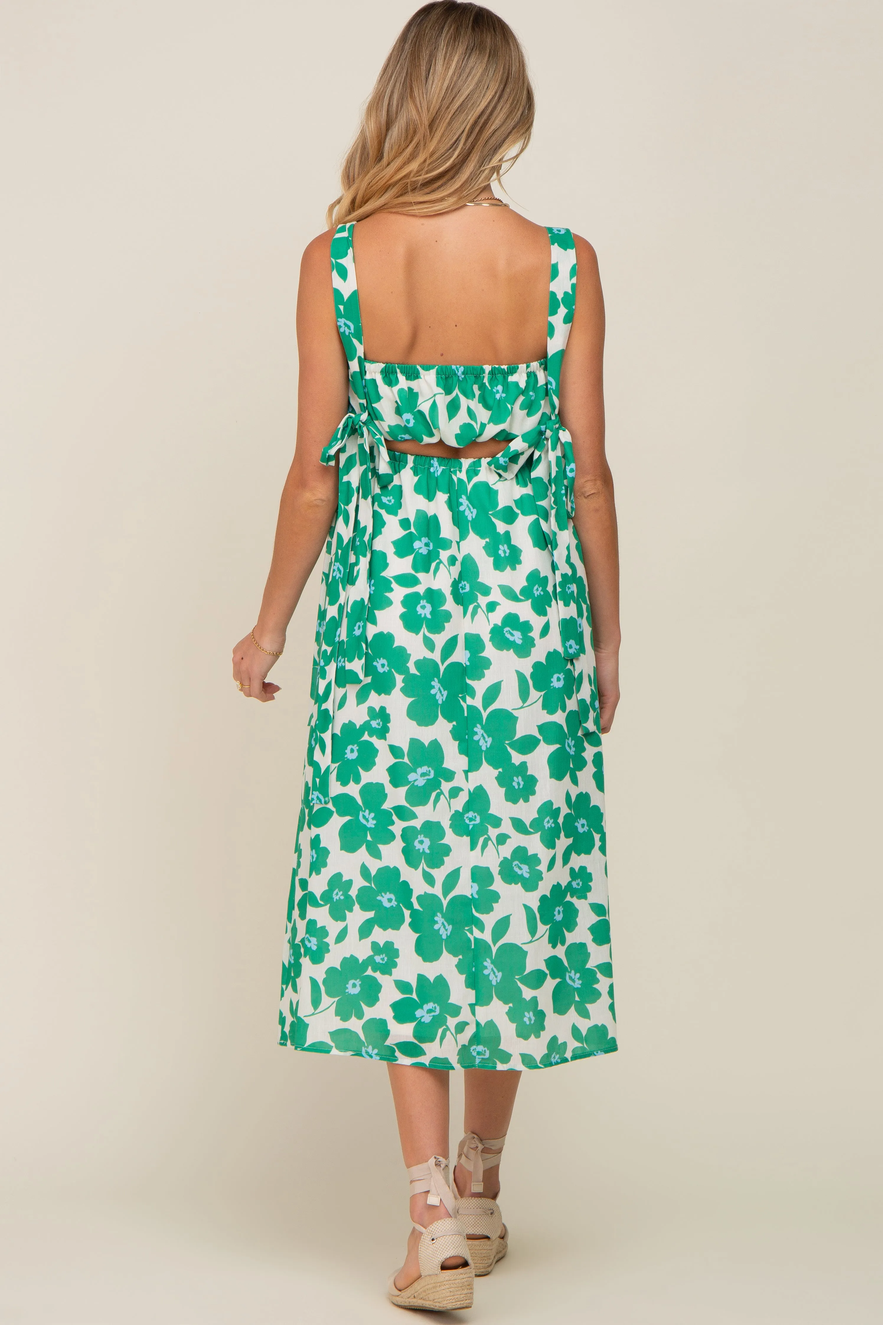 Green Floral Linen Square Neck Open Back Maternity Midi Dress sold by Pinkblush product image thumbnail 3