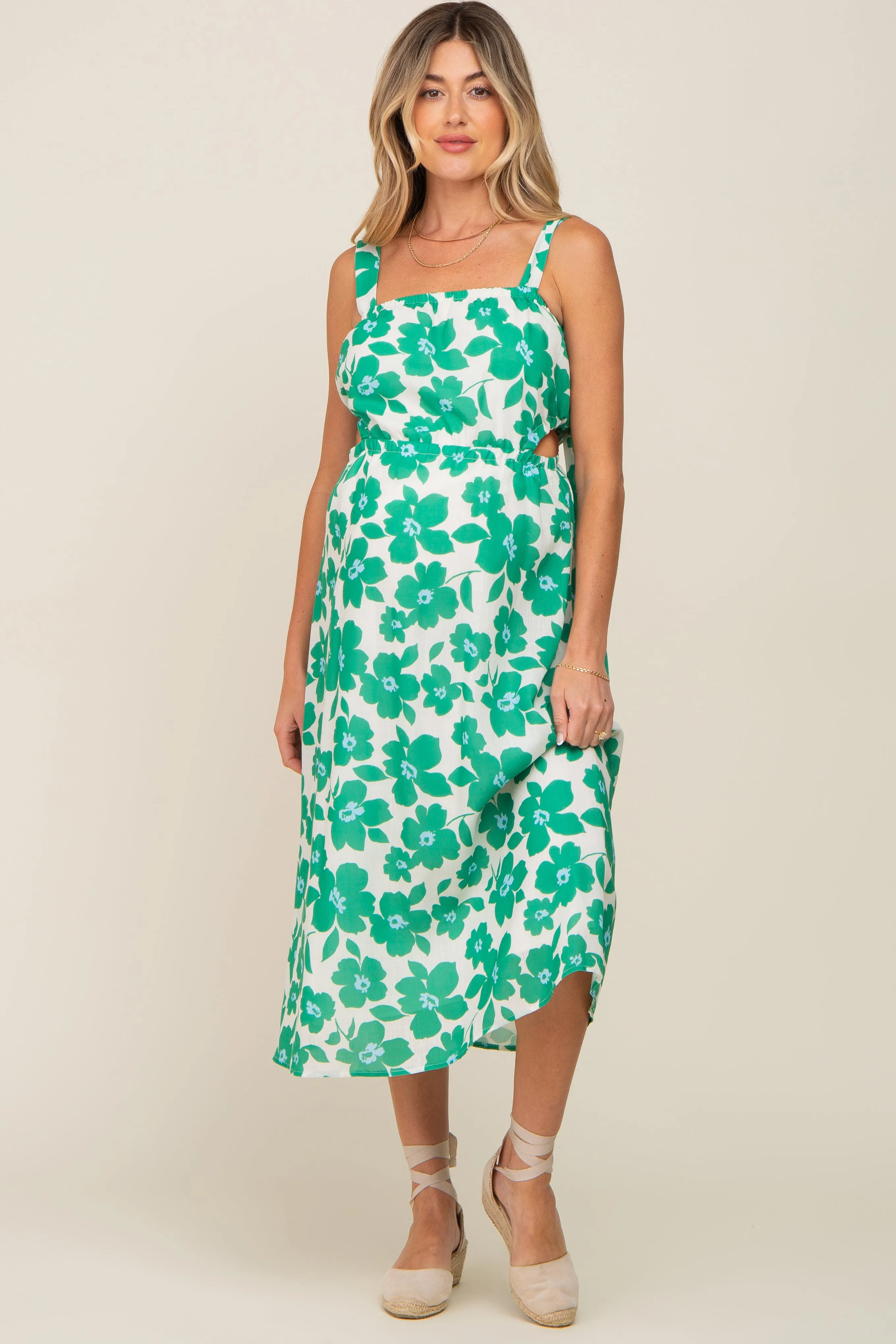 Green Floral Linen Square Neck Open Back Maternity Midi Dress sold by Pinkblush product image thumbnail 4