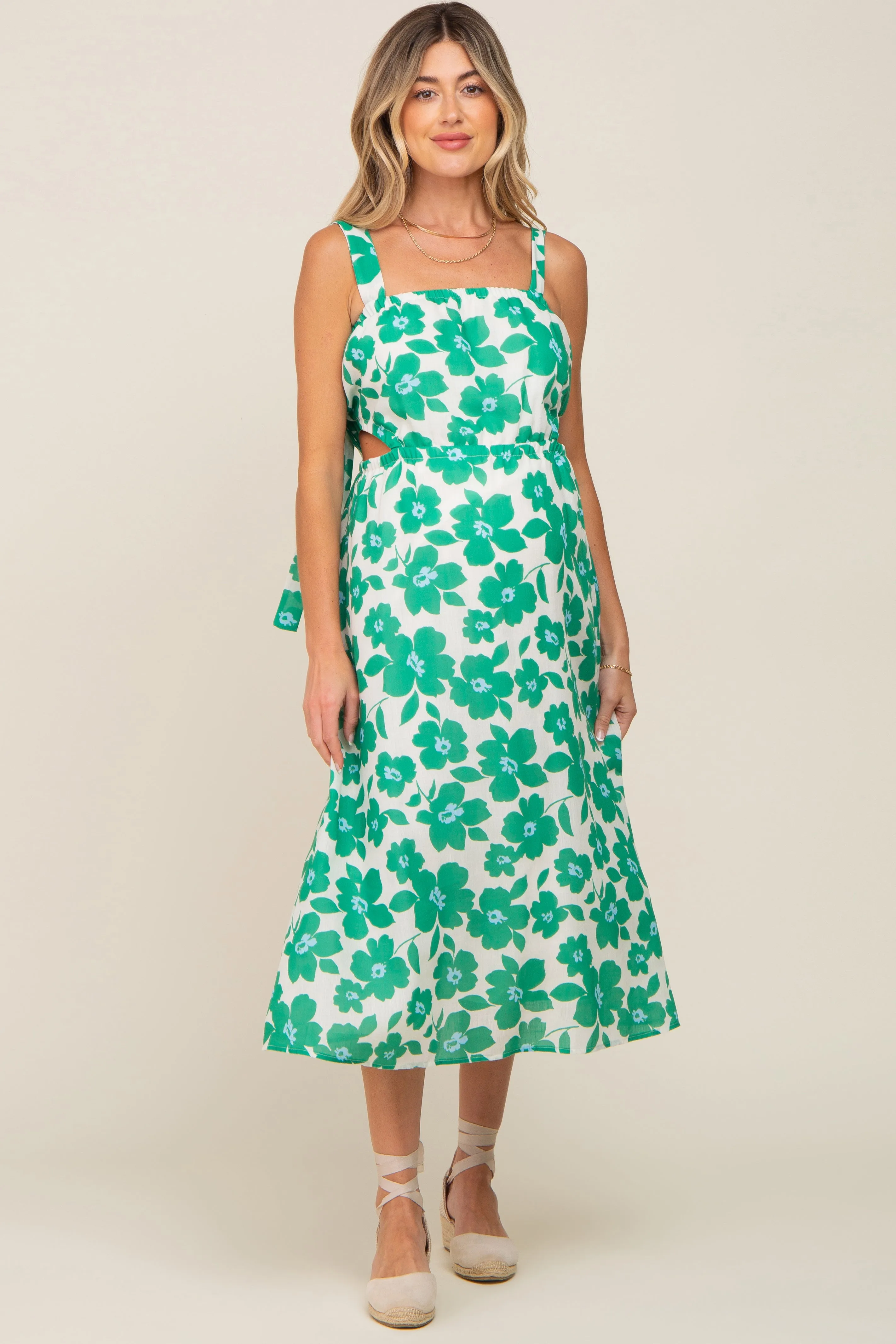 Green Floral Linen Square Neck Open Back Maternity Midi Dress sold by Pinkblush