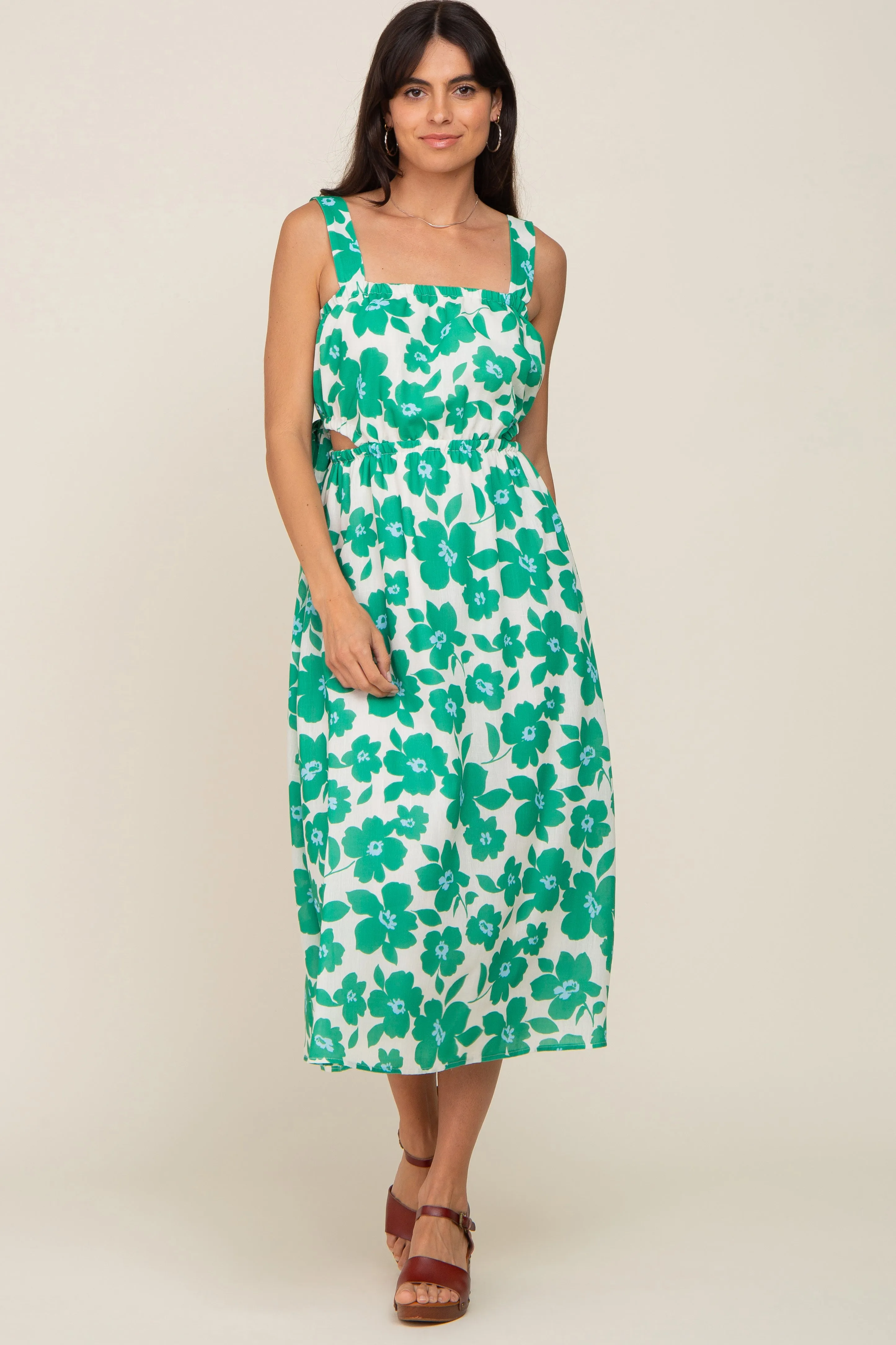 Green Floral Linen Square Neck Open Back Maternity Midi Dress sold by Pinkblush product image thumbnail 5
