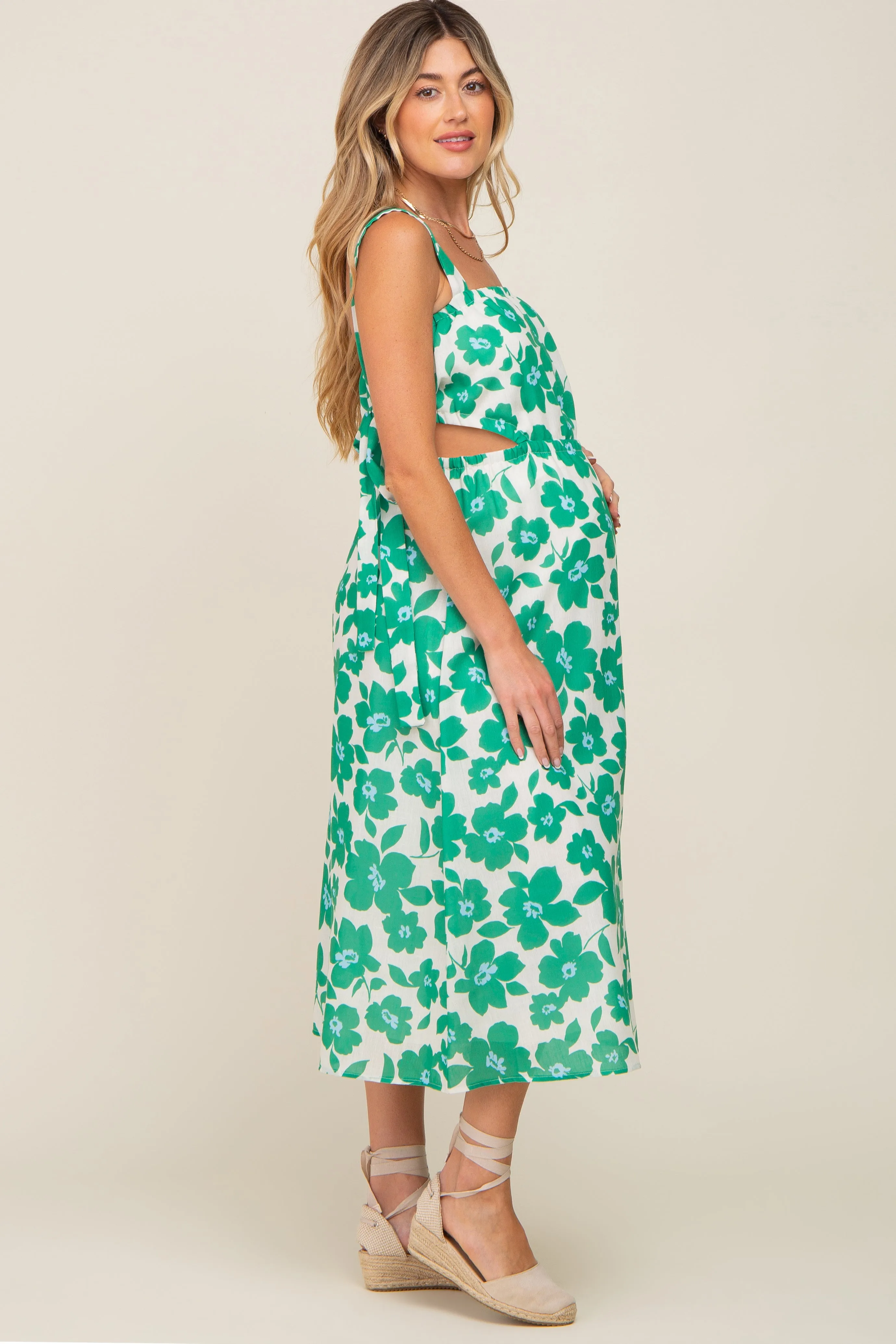 Green Floral Linen Square Neck Open Back Maternity Midi Dress sold by Pinkblush product image thumbnail 2