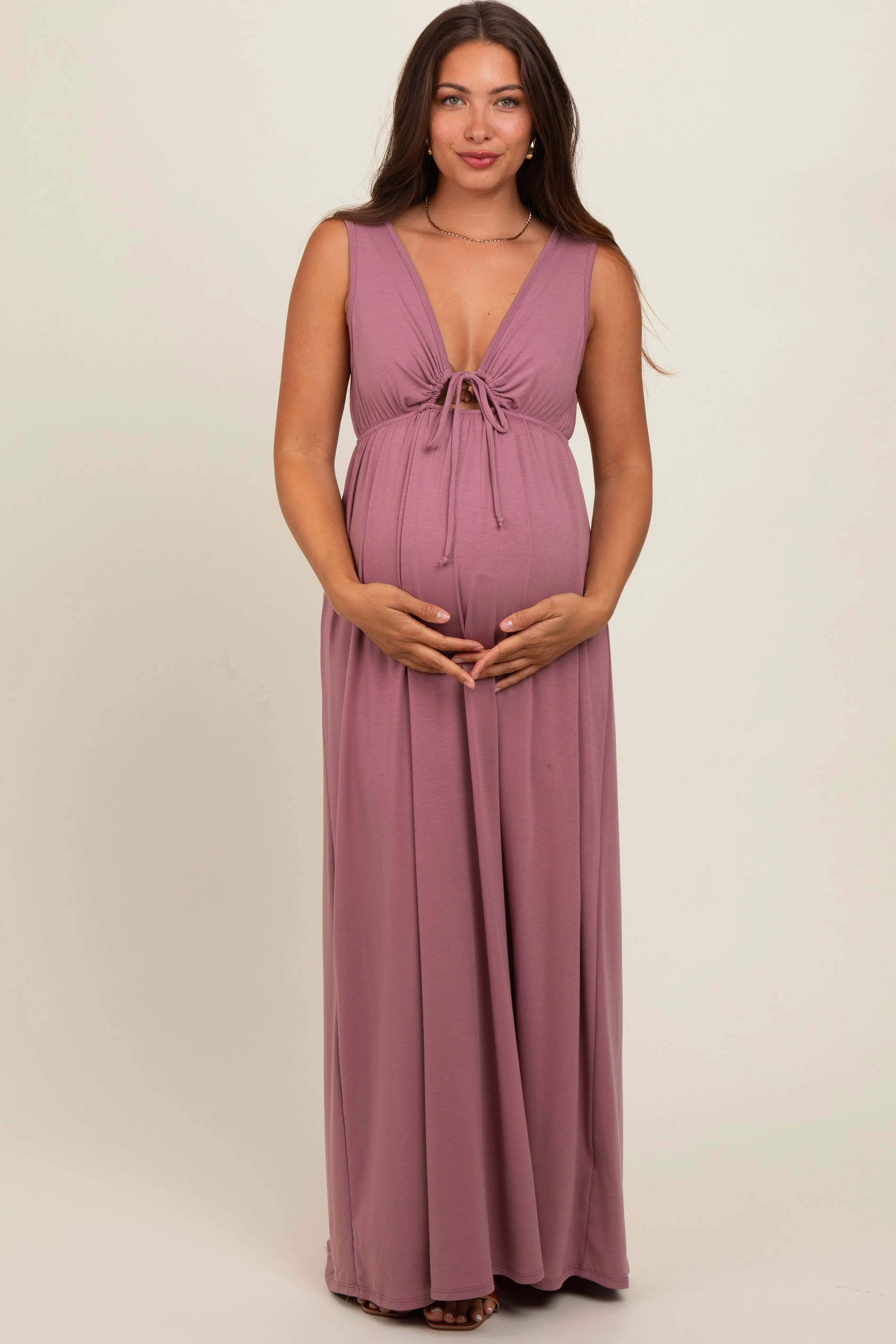 Pink Front Tie Cutout Sleeveless Maternity Maxi Dress sold by Pinkblush