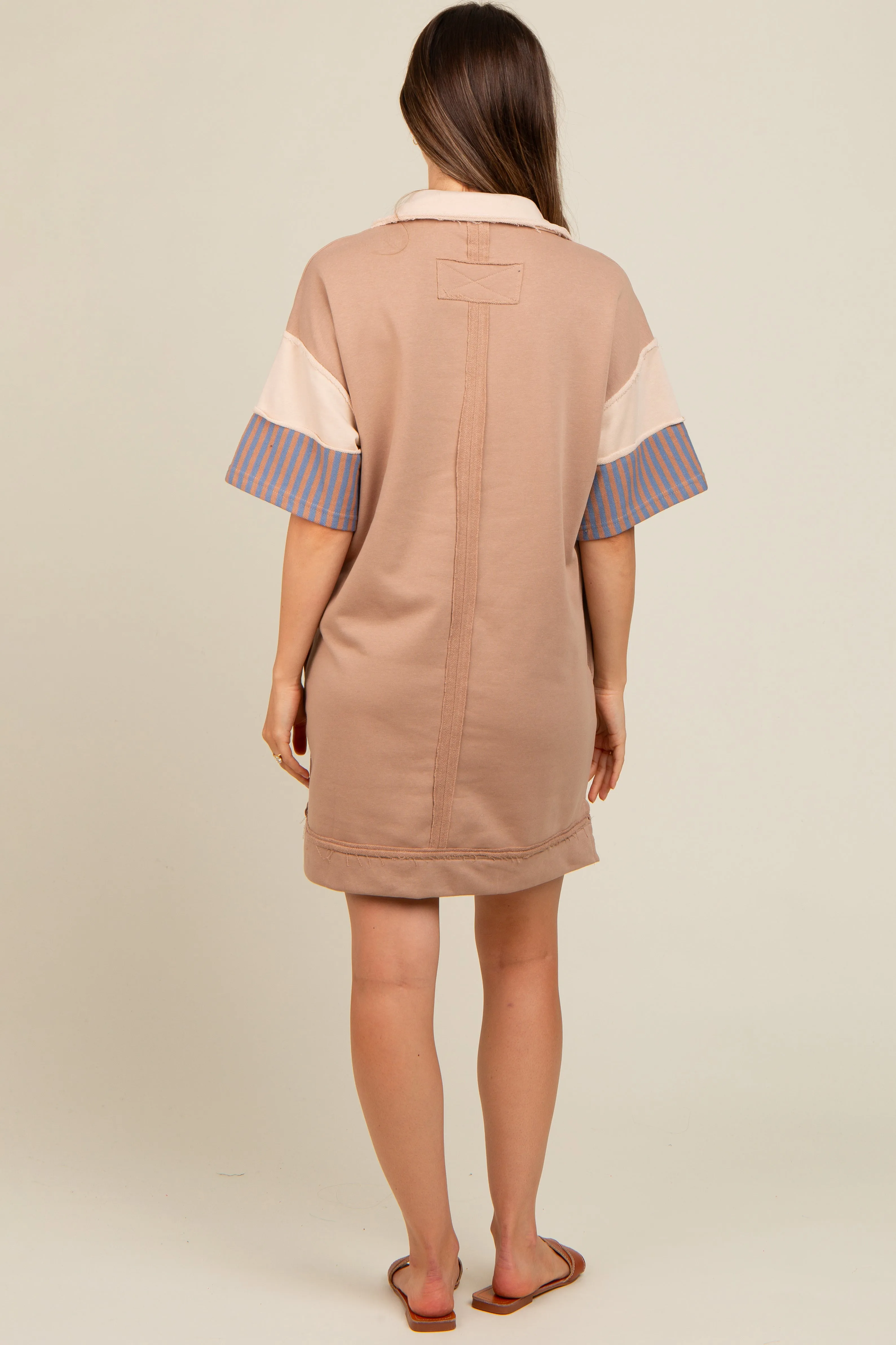 Mocha Striped Color Block Collared Terry Maternity Dress sold by Pinkblush product image thumbnail 4