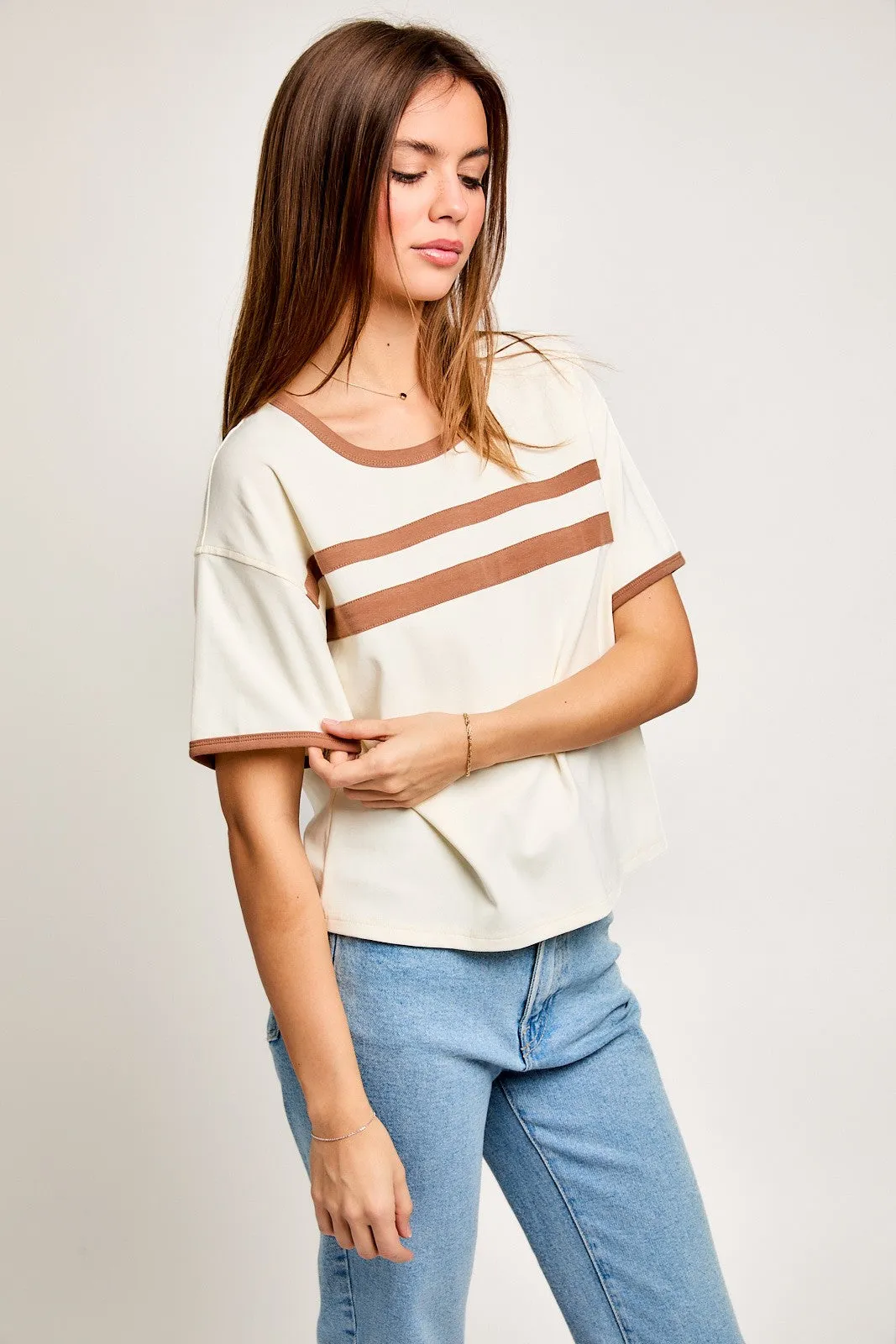 Cream-Brown Contrast Detail Short Sleeve T-Shirt sold by Pinkblush product image thumbnail 2