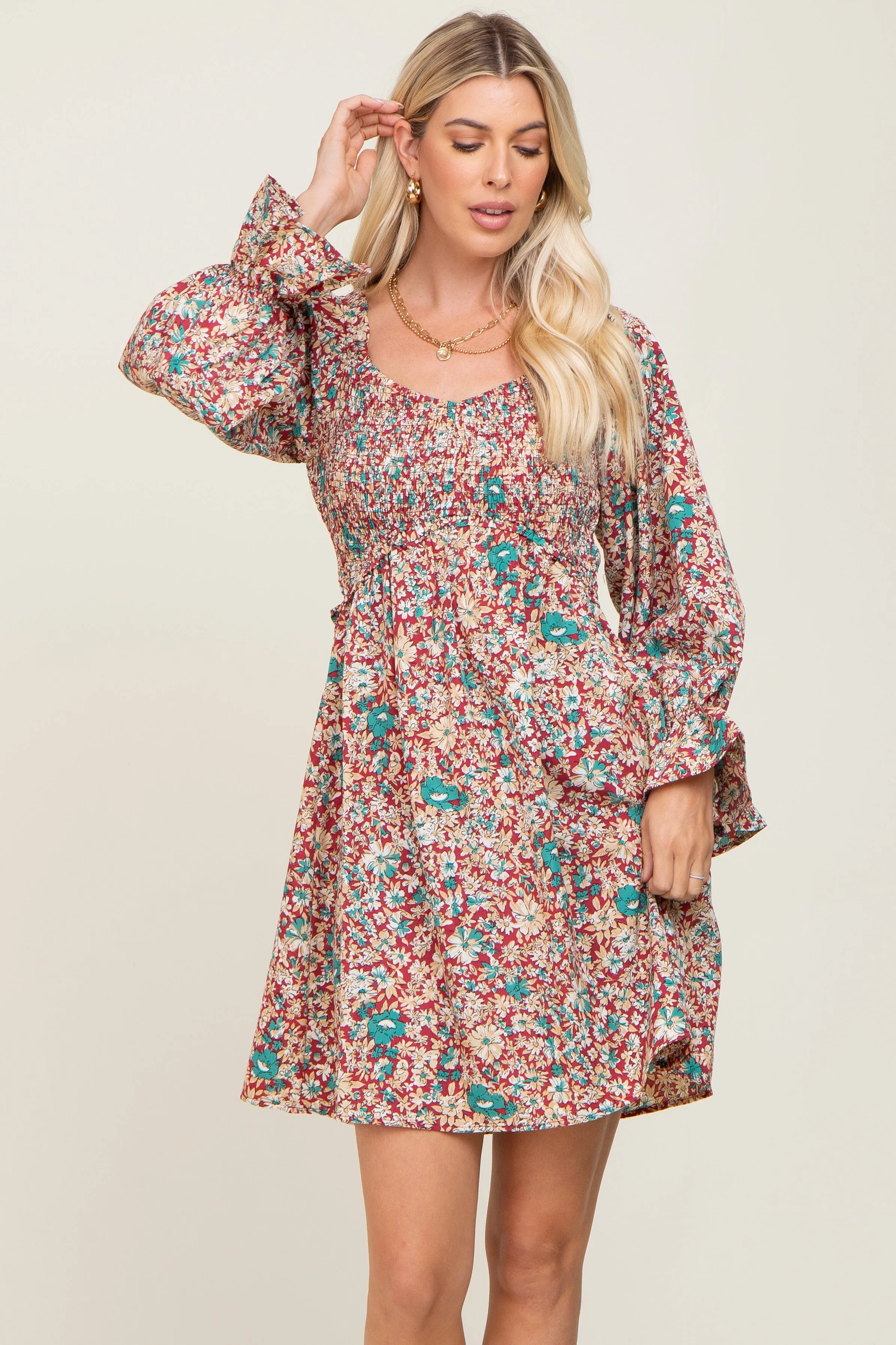 Burgundy Floral Smocked Ruffle Accent Maternity Dress sold by Pinkblush product image thumbnail 5