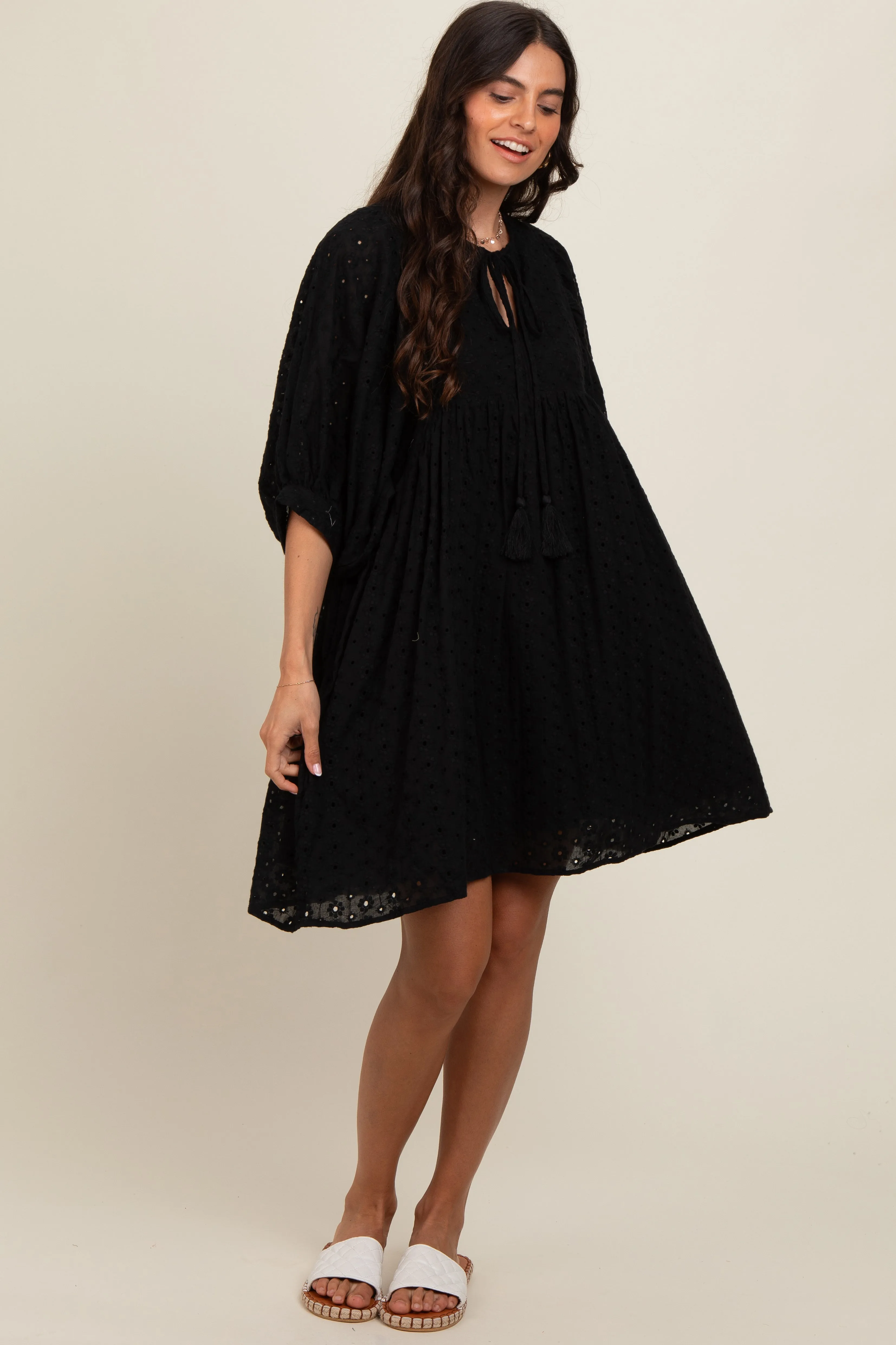 Black Floral Eyelet Puff Sleeve Dress sold by Pinkblush product image thumbnail 2