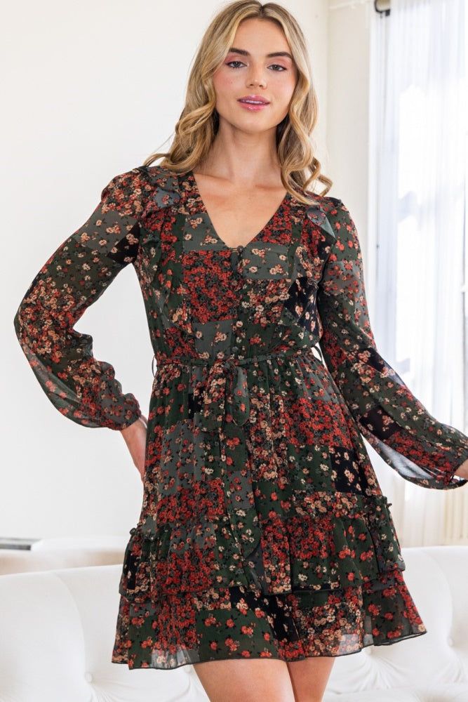 Olive Floral V-Neckline Mini Dress sold by Pinkblush