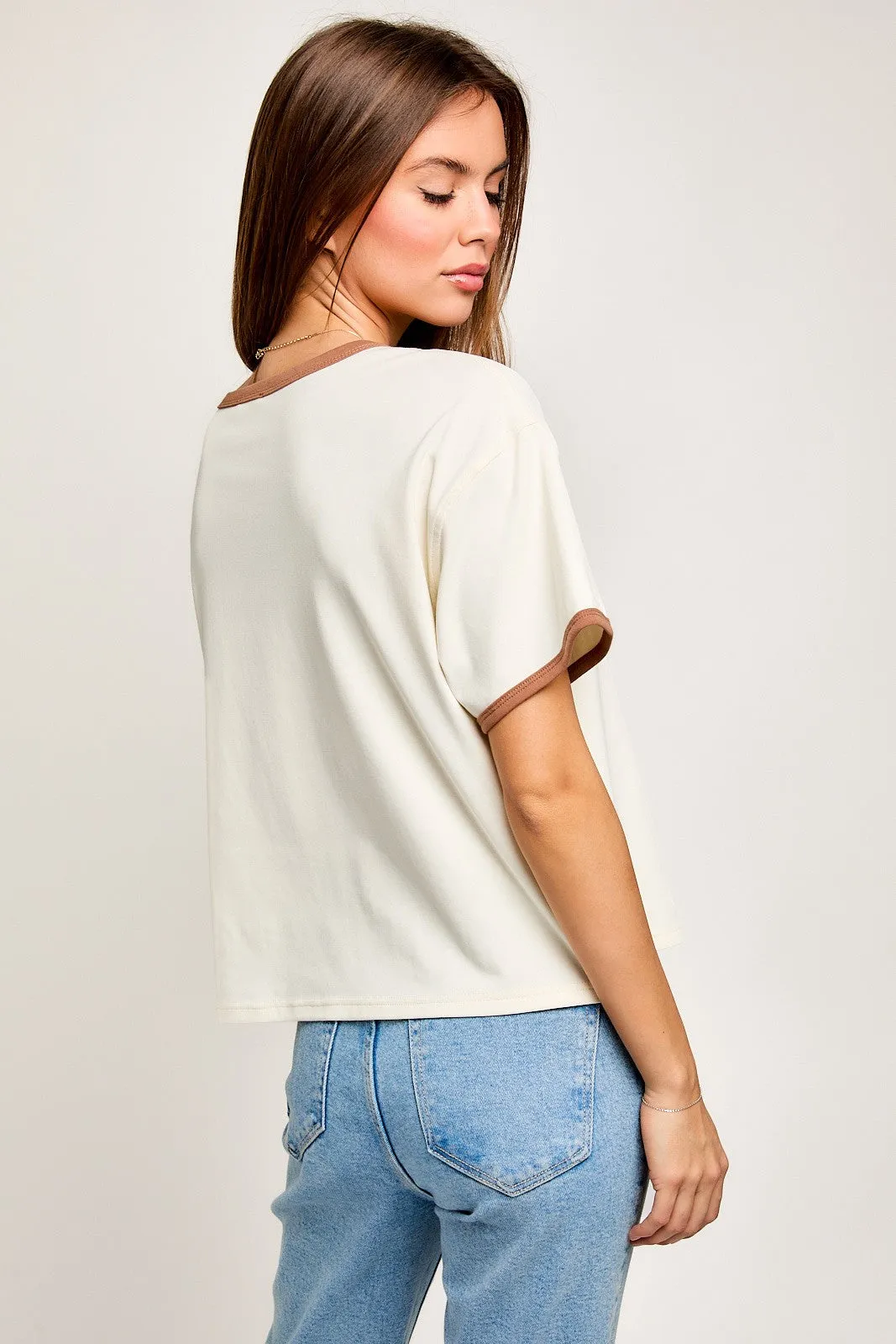 Cream-Brown Contrast Detail Short Sleeve T-Shirt sold by Pinkblush product image thumbnail 3