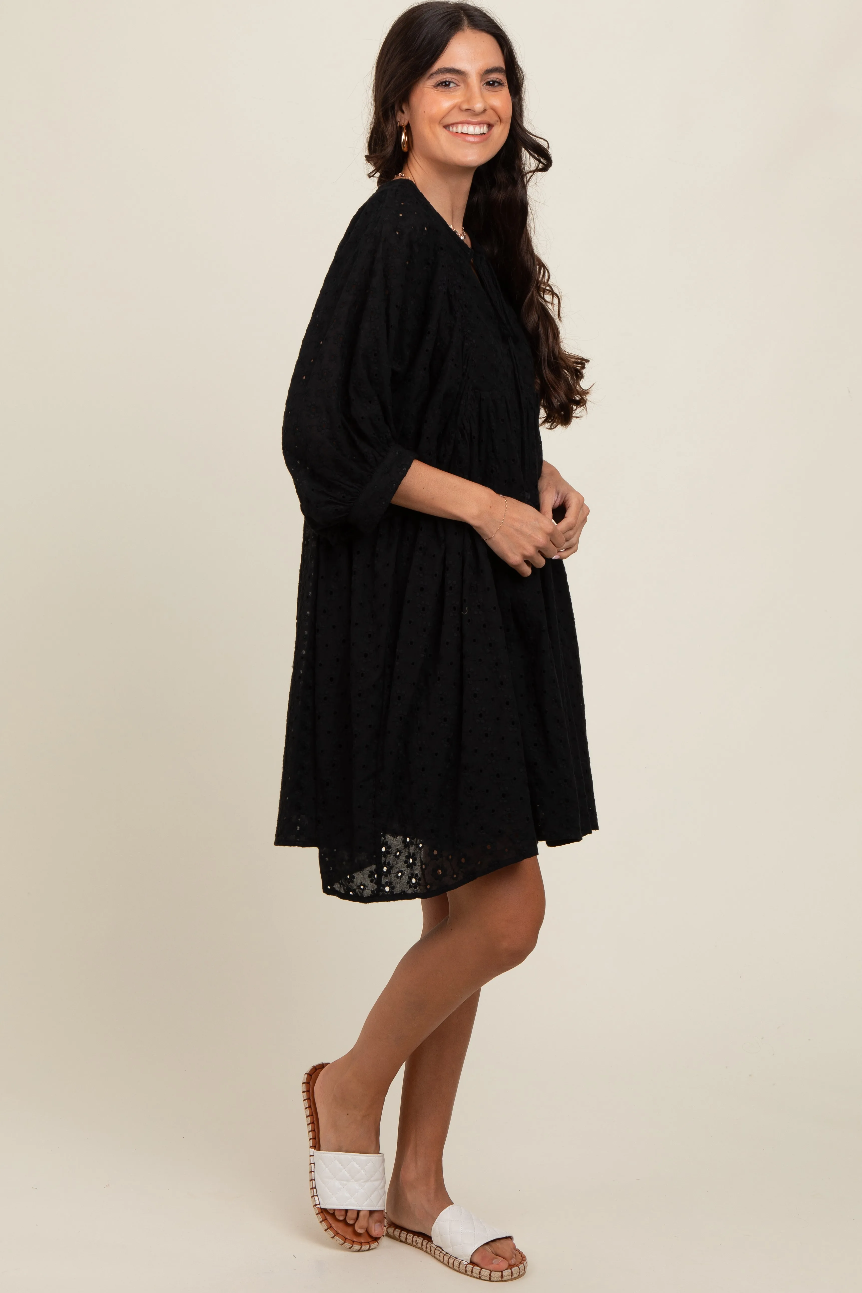 Black Floral Eyelet Puff Sleeve Dress sold by Pinkblush product image thumbnail 3