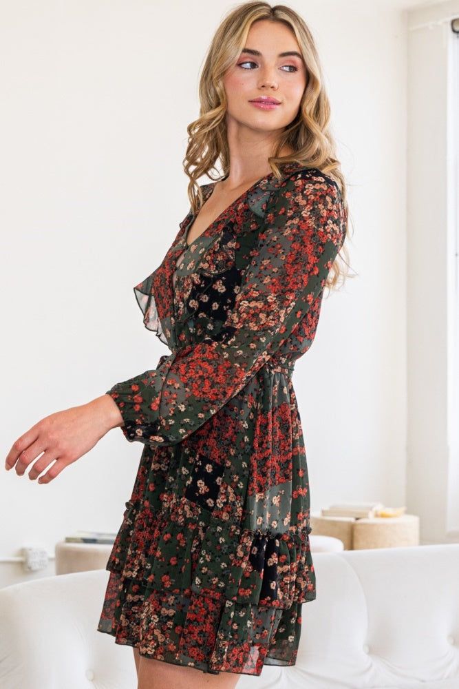 Olive Floral V-Neckline Mini Dress sold by Pinkblush product image thumbnail 2