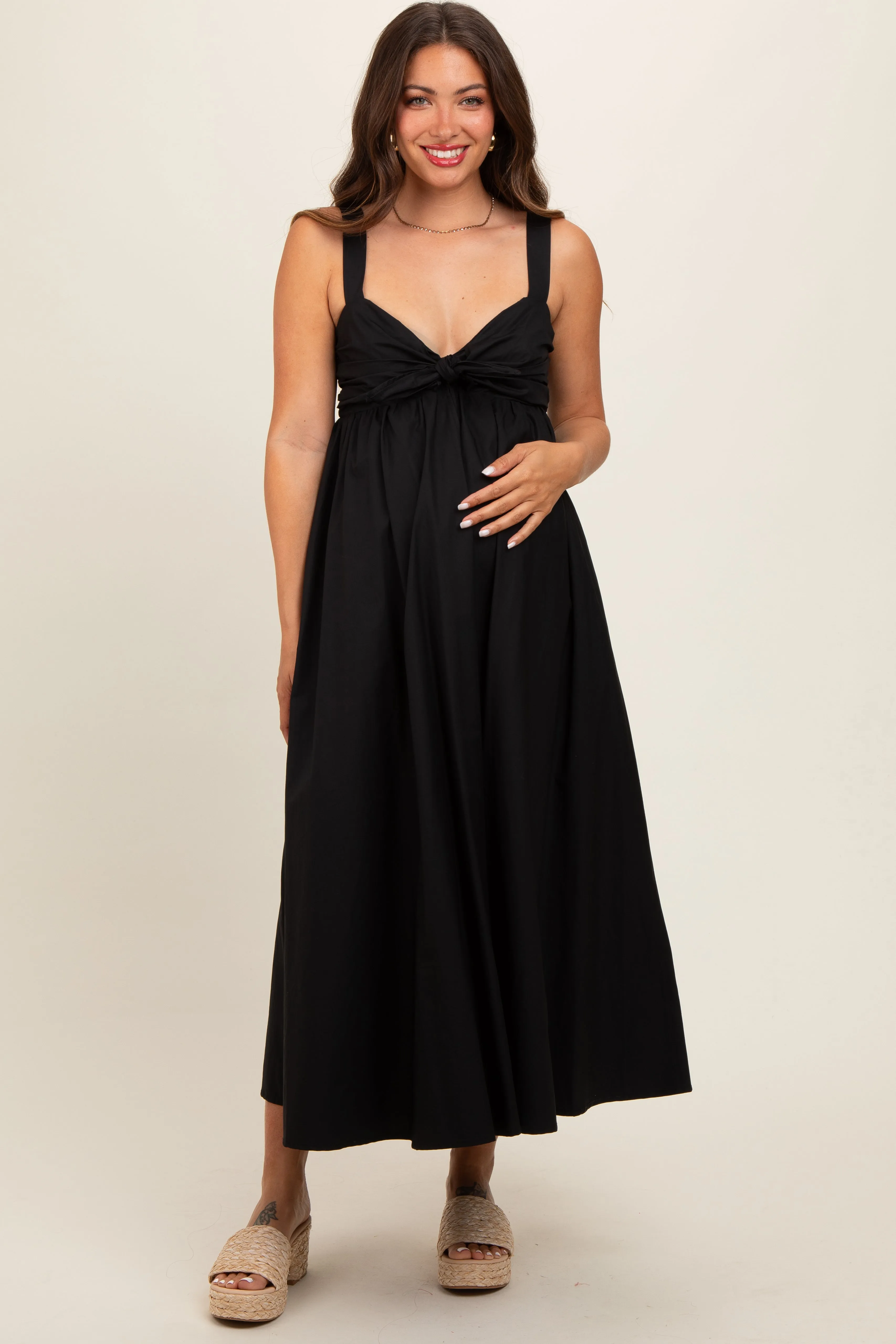 Black Front Tie Sleeveless Maternity Midi Dress sold by Pinkblush