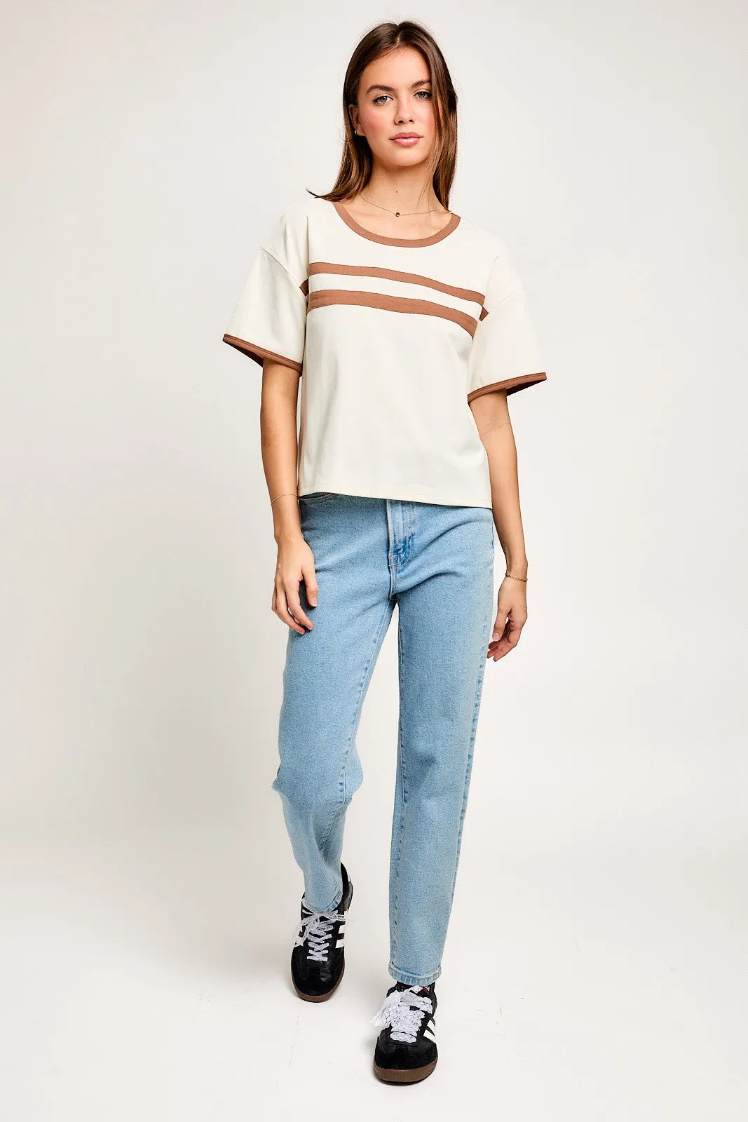 Cream-Brown Contrast Detail Short Sleeve T-Shirt sold by Pinkblush product image thumbnail 4