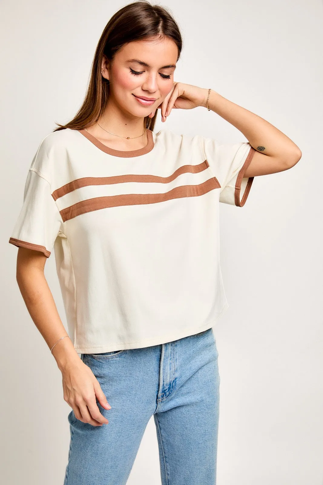 Cream-Brown Contrast Detail Short Sleeve T-Shirt sold by Pinkblush