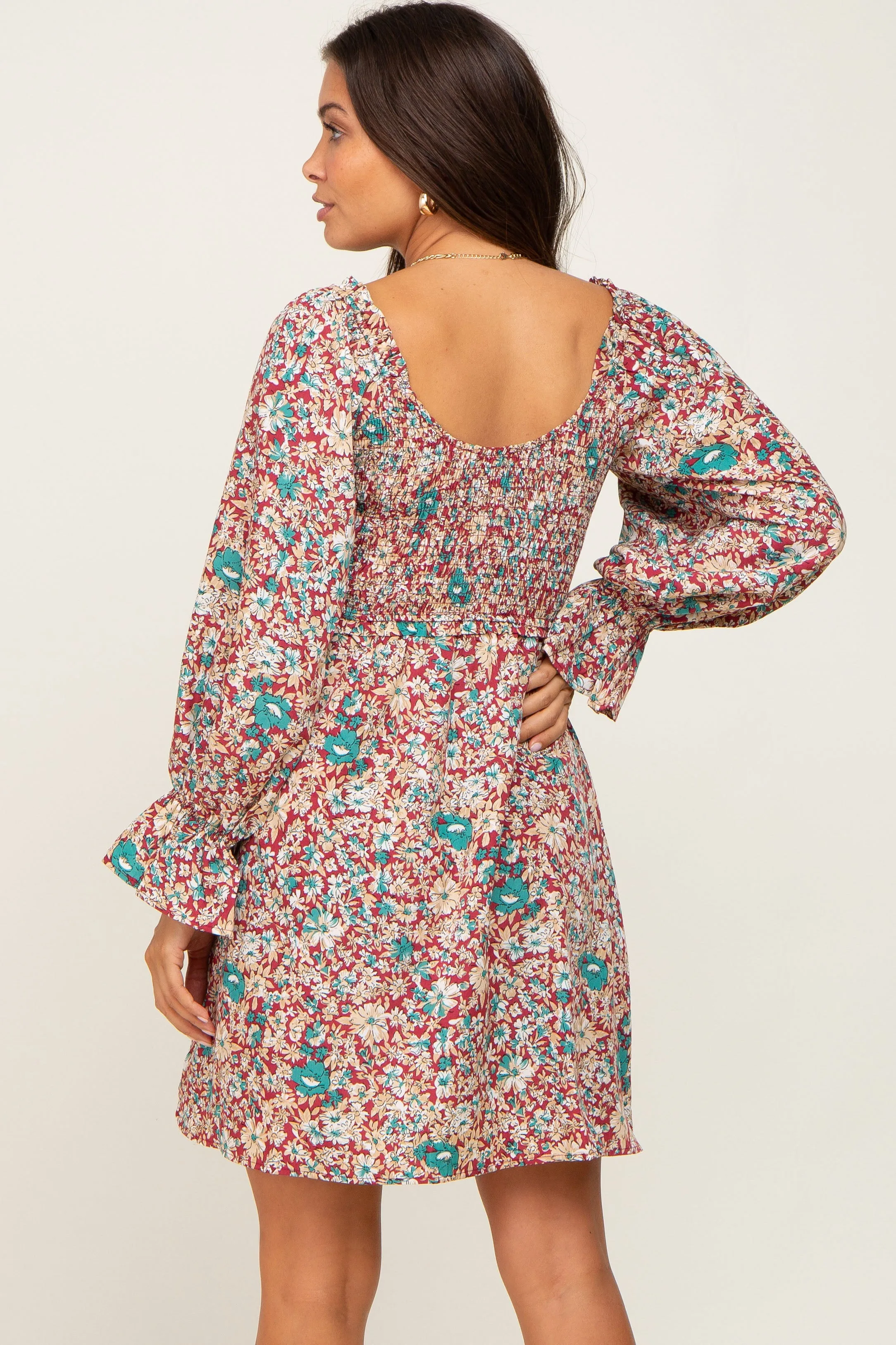 Burgundy Floral Smocked Ruffle Accent Maternity Dress sold by Pinkblush product image thumbnail 4