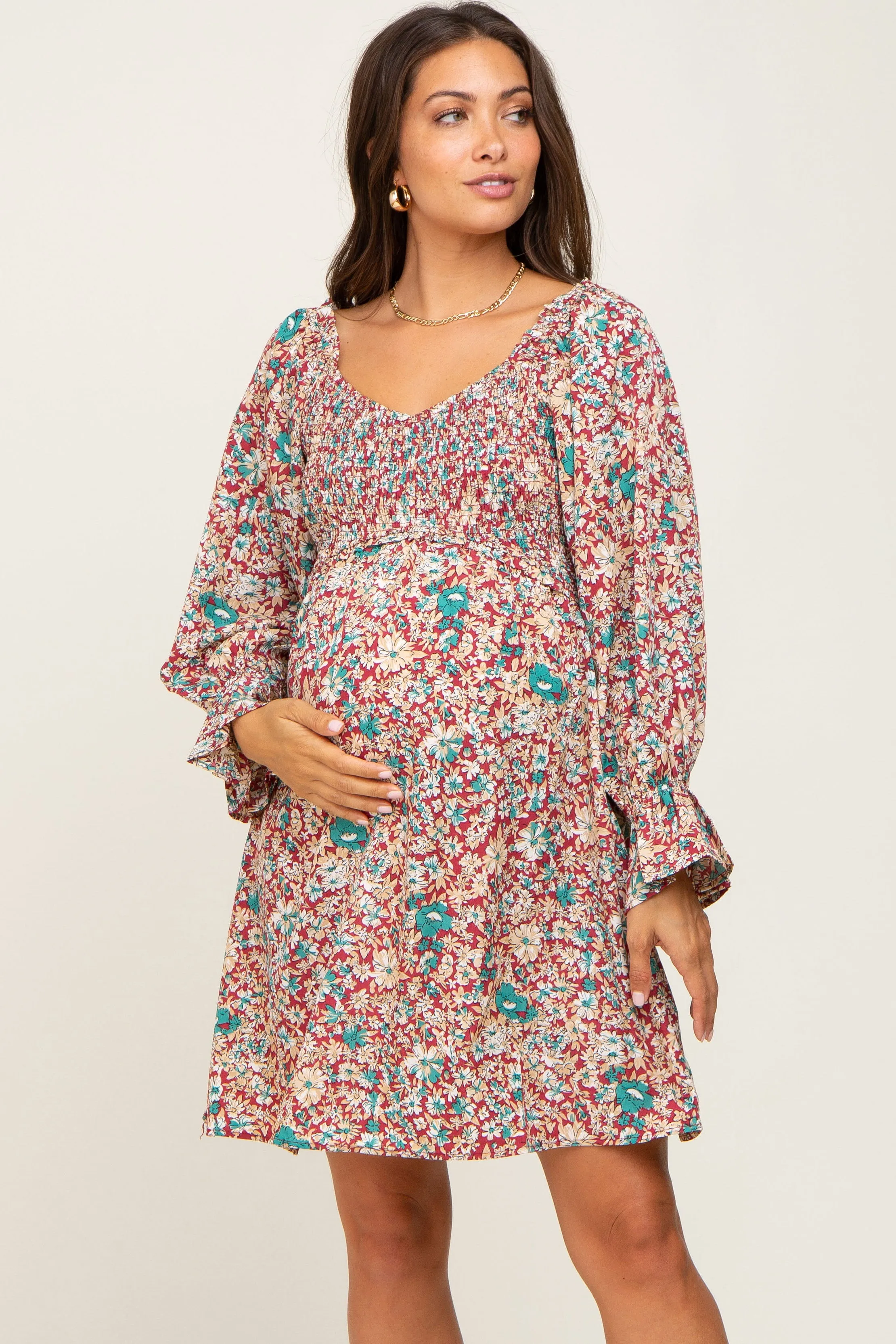 Burgundy Floral Smocked Ruffle Accent Maternity Dress sold by Pinkblush