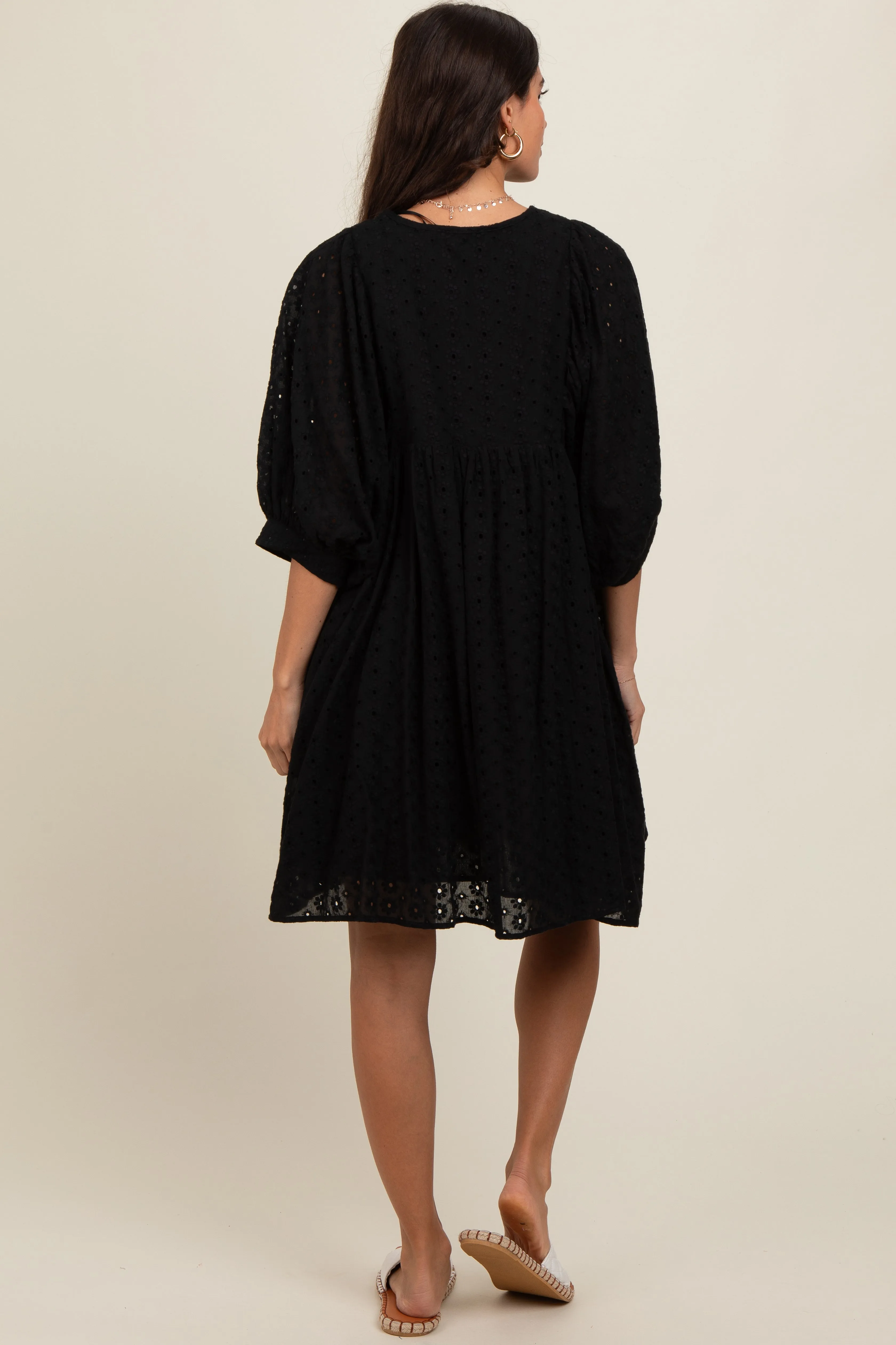 Black Floral Eyelet Puff Sleeve Dress sold by Pinkblush product image thumbnail 4