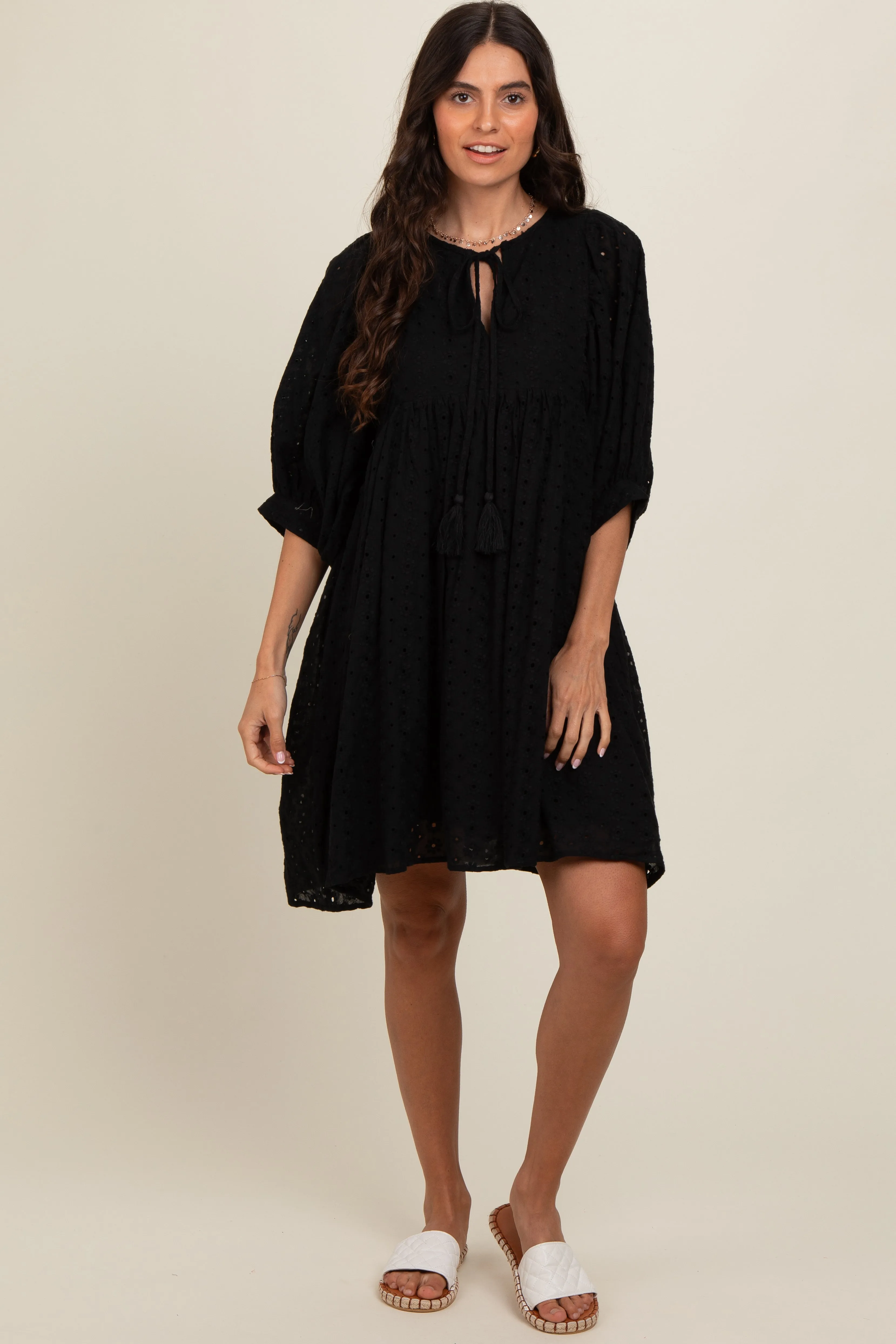 Black Floral Eyelet Puff Sleeve Dress sold by Pinkblush