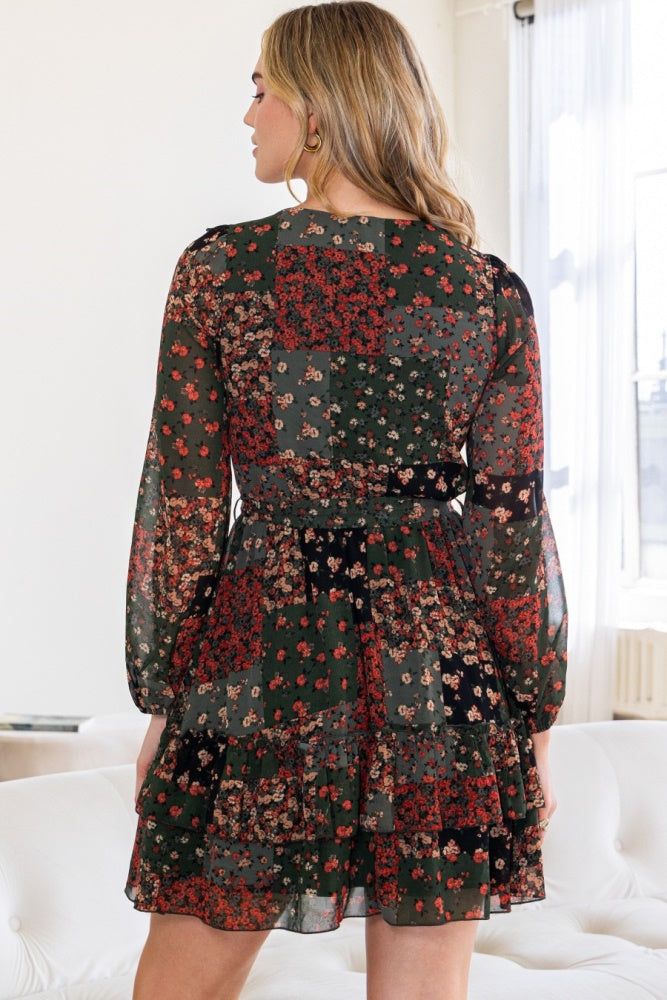 Olive Floral V-Neckline Mini Dress sold by Pinkblush product image thumbnail 3