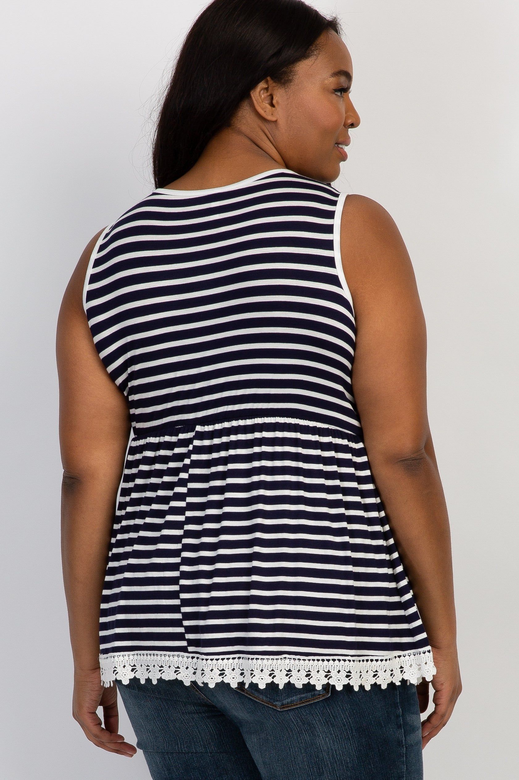 Navy Blue Striped Crochet Trim Plus Maternity Tank Top sold by Pinkblush product image thumbnail 3