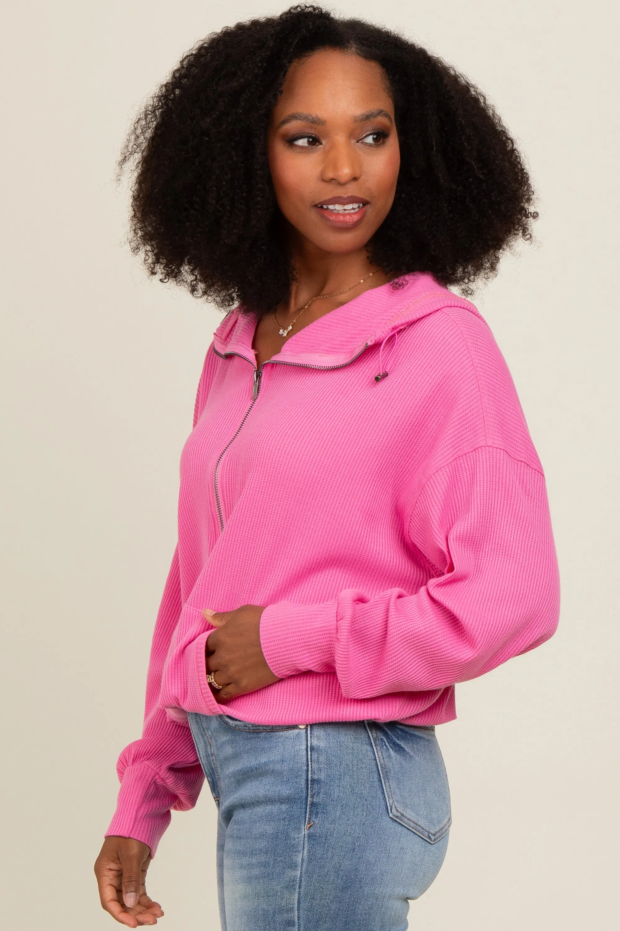Pink Waffle Knit Half Zip Relaxed Fit Hoodie sold by Pinkblush product image thumbnail 2