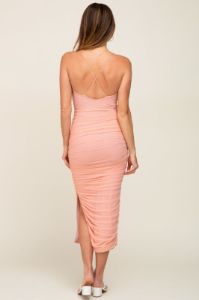 Peach Mesh Ruched Cross Back Side Slit Midi Dress sold by Pinkblush