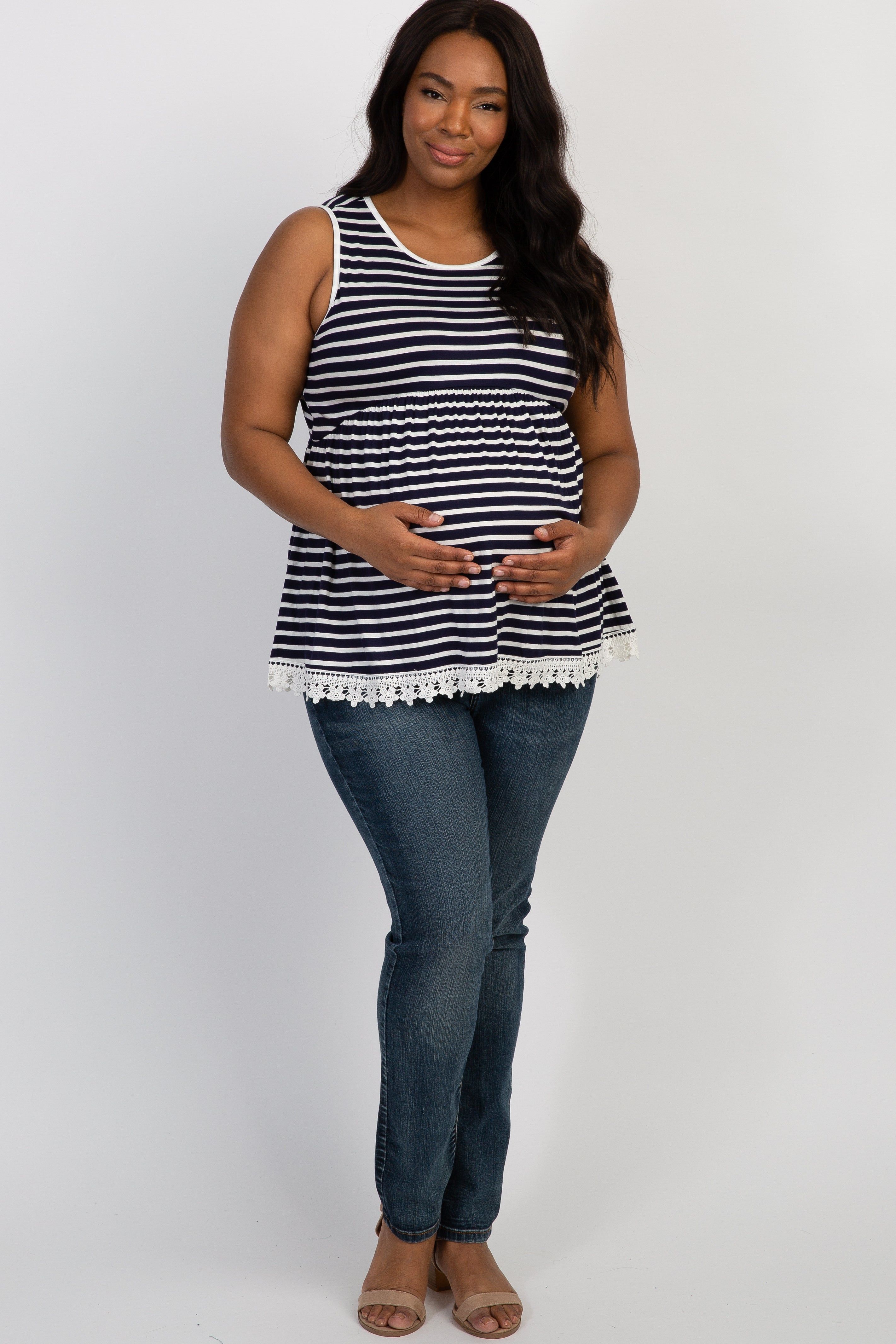 Navy Blue Striped Crochet Trim Plus Maternity Tank Top sold by Pinkblush product image thumbnail 4