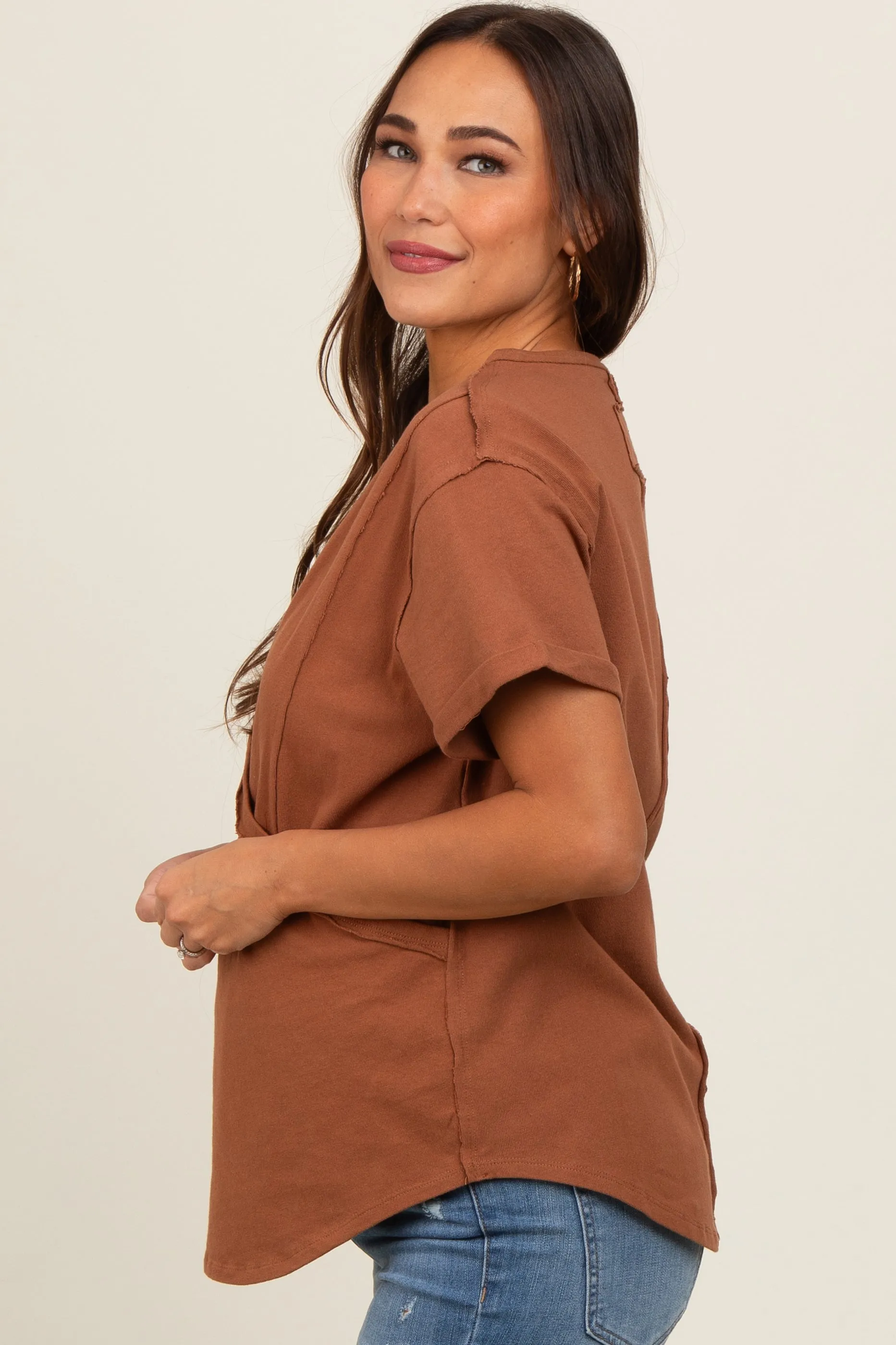 Camel Wrap Short Sleeve Raw Hem Maternity Top sold by Pinkblush product image thumbnail 2