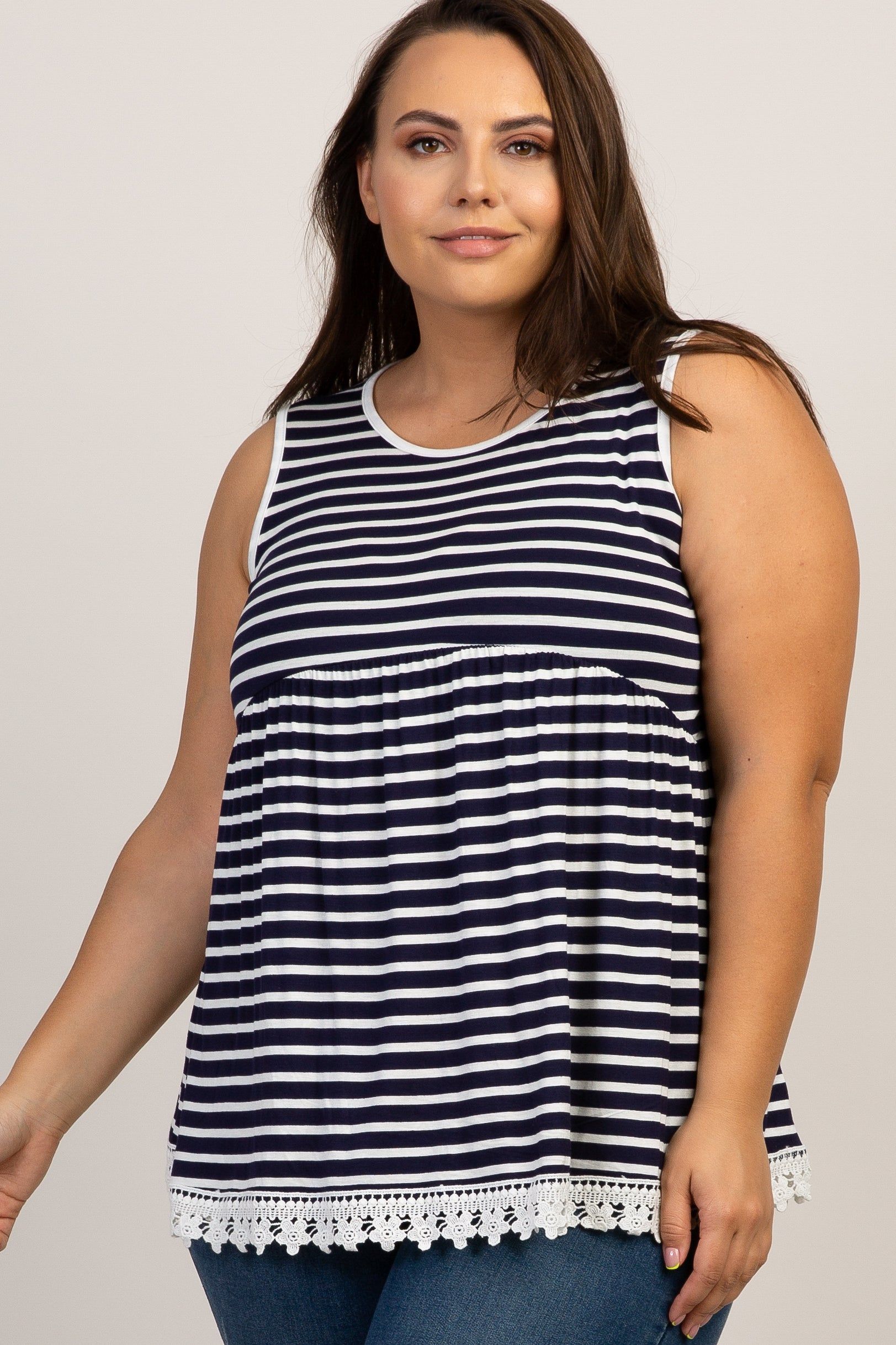 Navy Blue Striped Crochet Trim Plus Maternity Tank Top sold by Pinkblush product image thumbnail 5