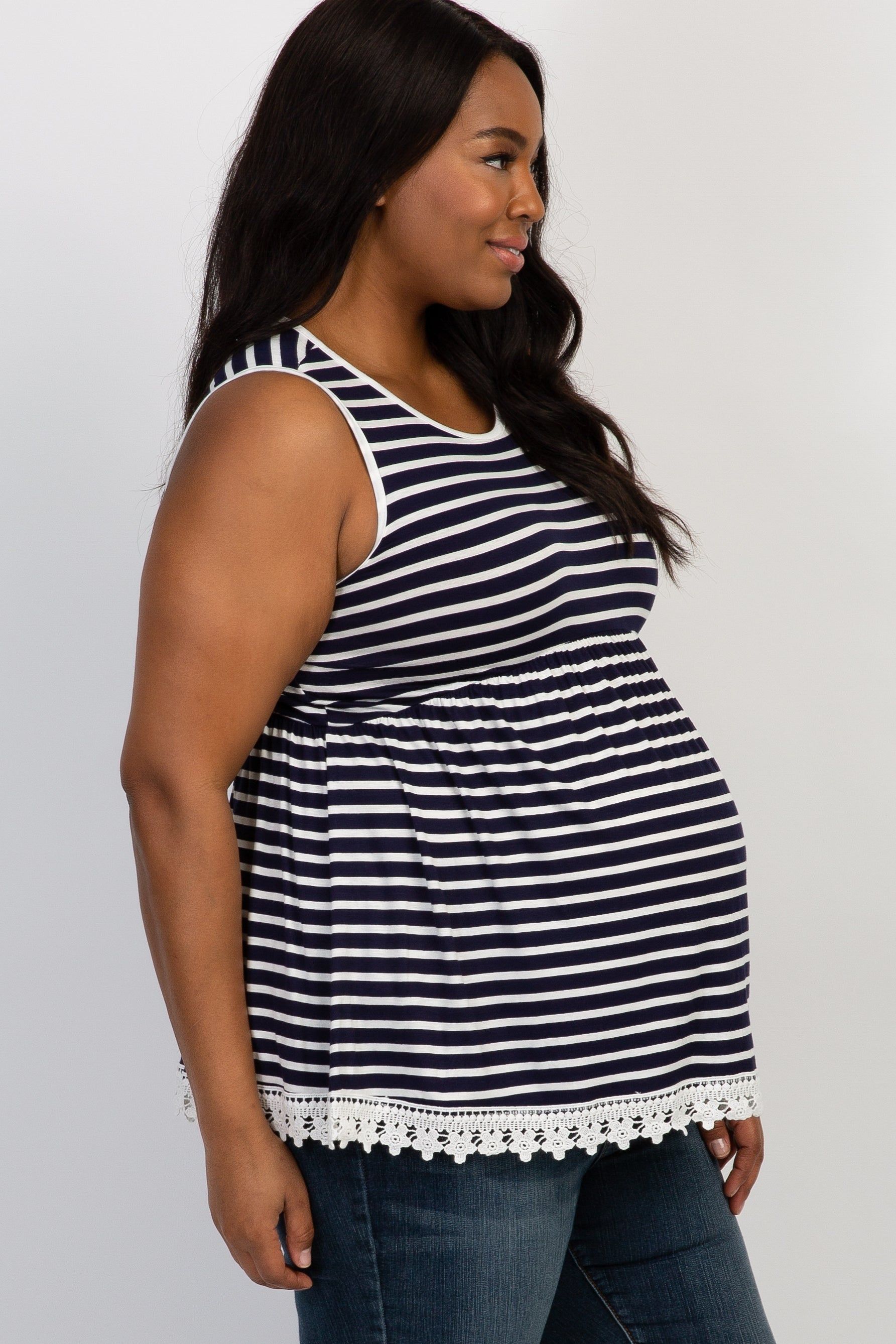 Navy Blue Striped Crochet Trim Plus Maternity Tank Top sold by Pinkblush product image thumbnail 2