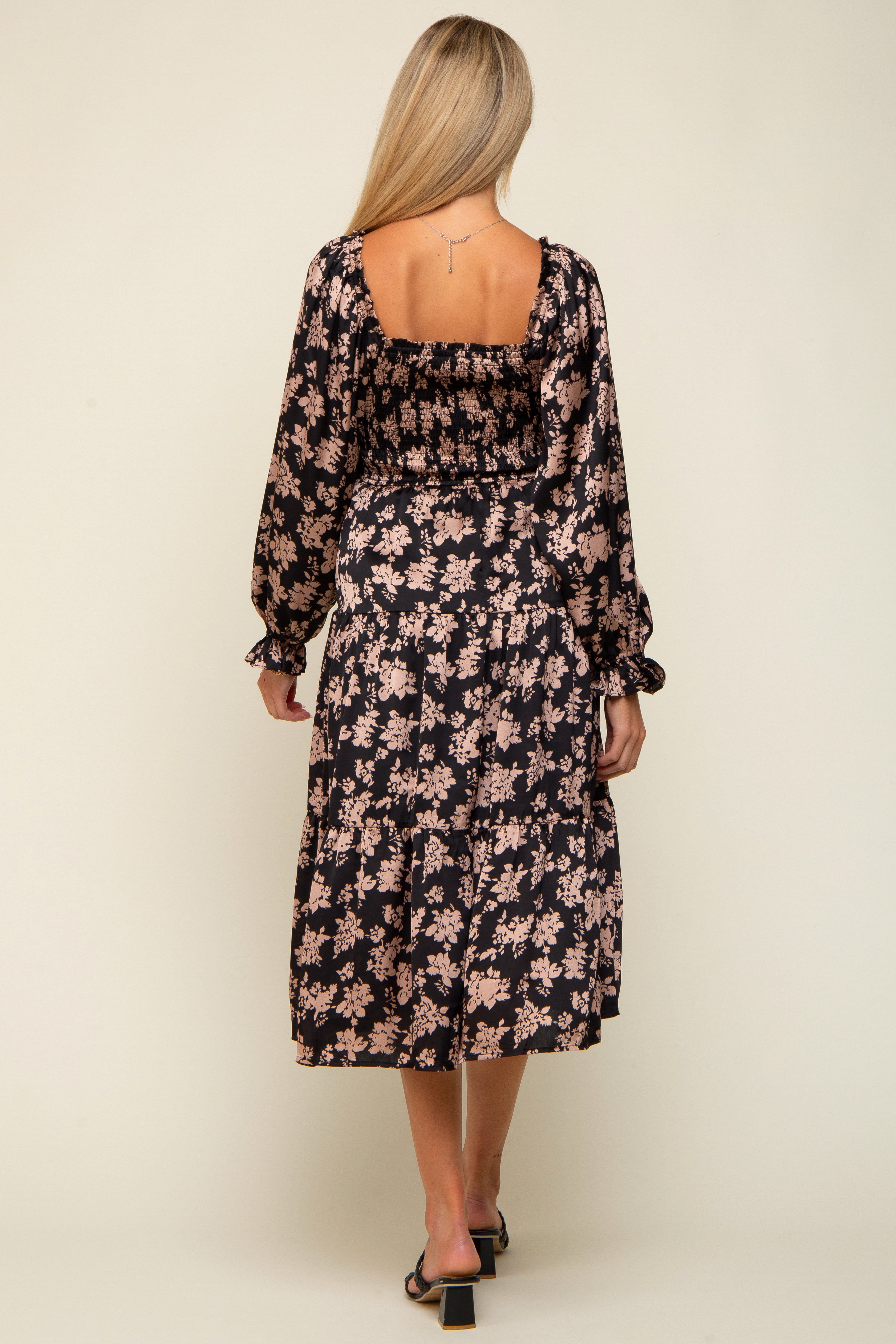 Taupe Floral Satin Smocked Tiered Maternity Midi Dress sold by Pinkblush product image thumbnail 3