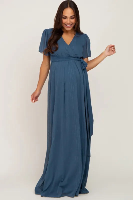 Teal Swiss Dot Chiffon Maternity Maxi Dress sold by Pinkblush