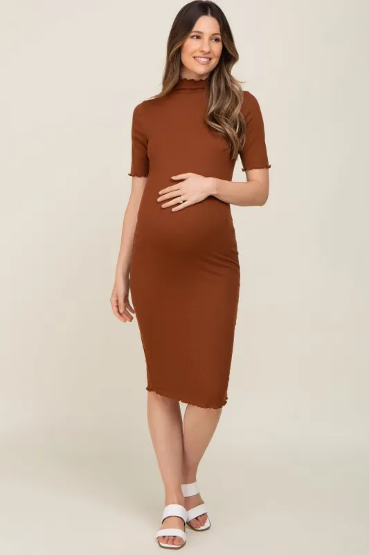 Rust Ribbed Mock Neck Fitted Maternity Midi Dress sold by Pinkblush