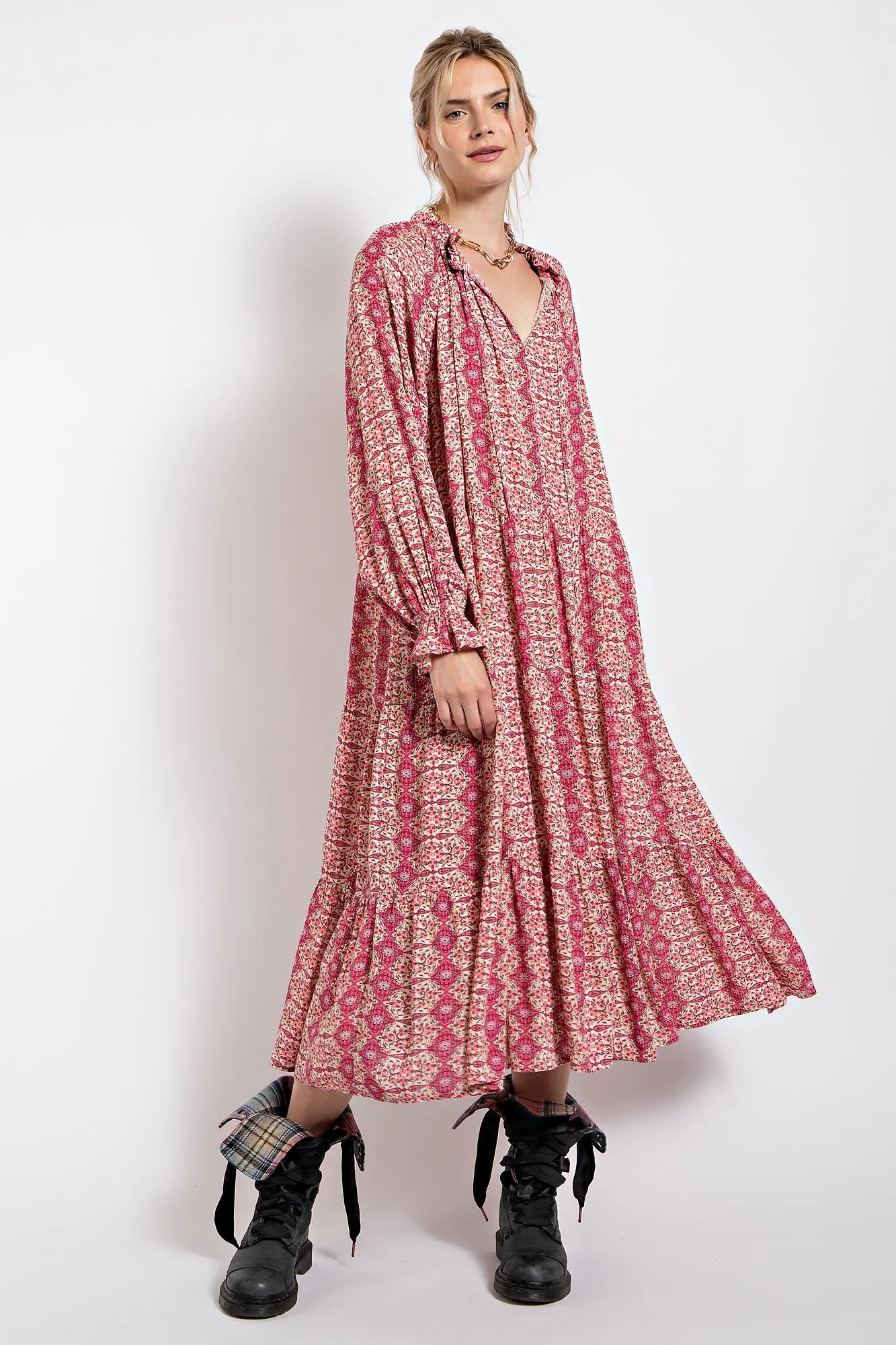 Pink Floral Front Tie Tiered Midi Dress sold by Pinkblush