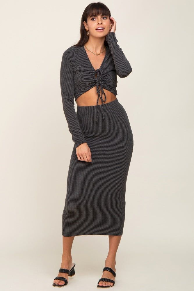Black Ribbed Front Cutout Two Piece Skirt Set sold by Pinkblush
