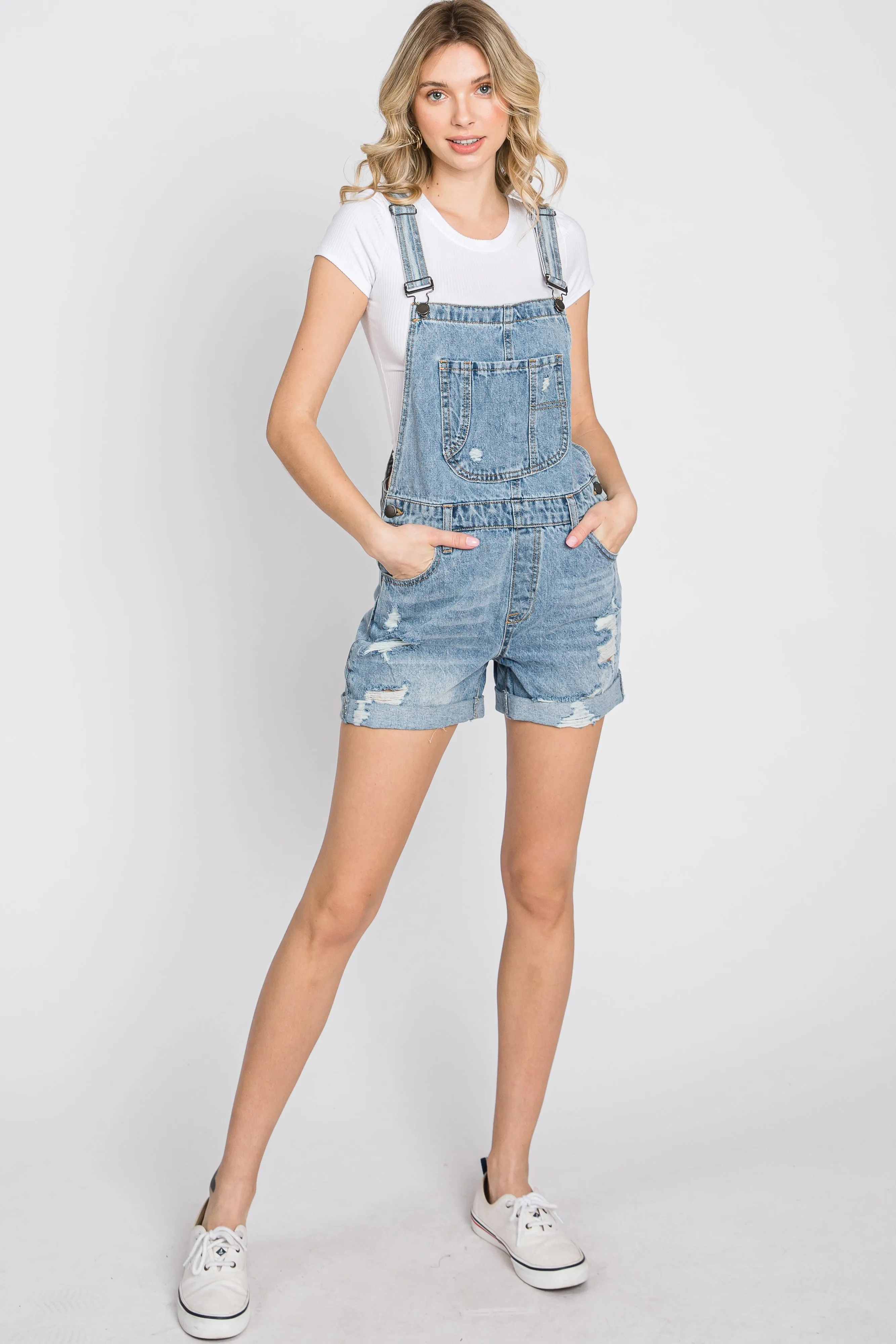 Blue Distressed Denim Short Overalls sold by Pinkblush
