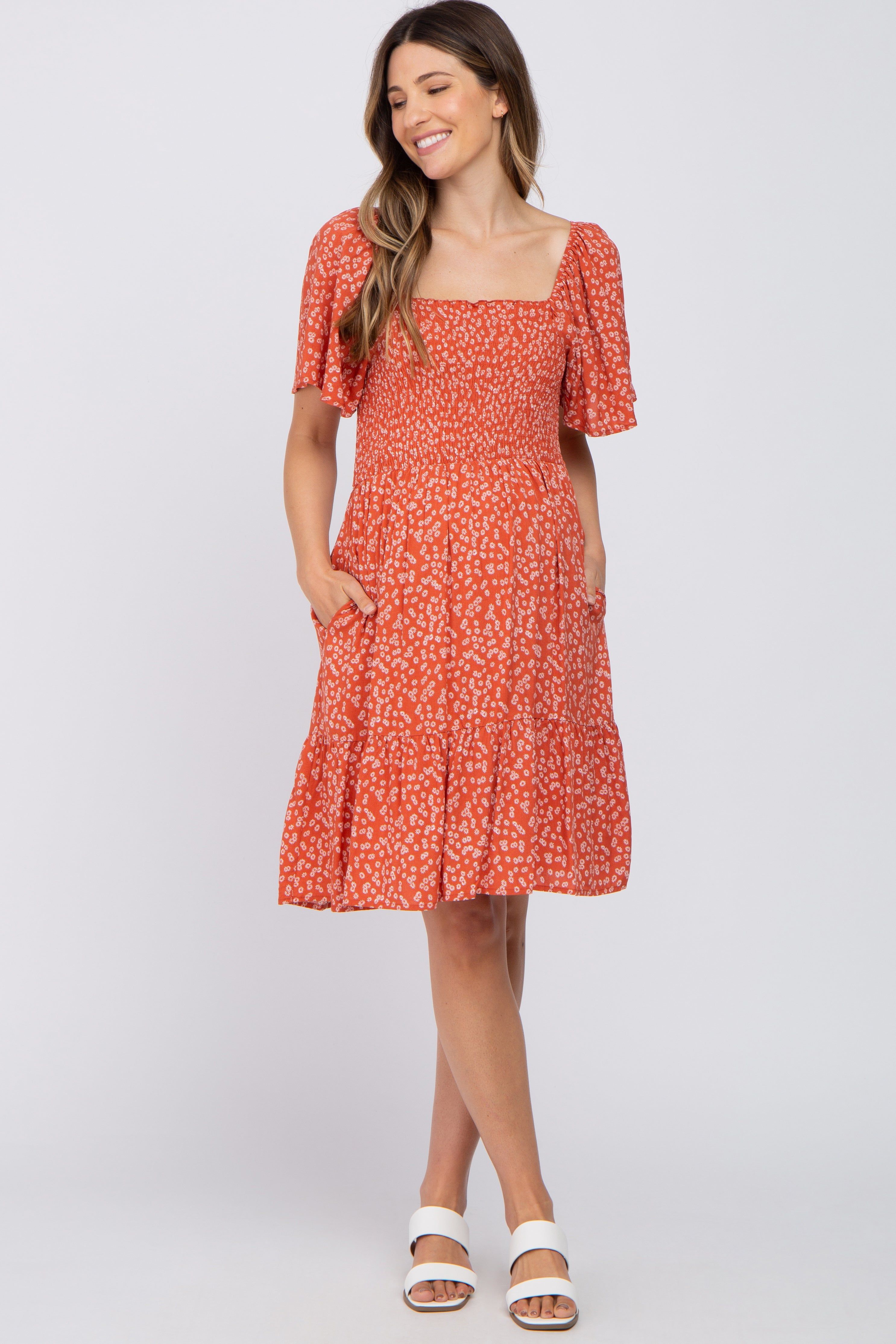 Coral Floral Smocked Maternity Dress sold by Pinkblush product image thumbnail 4