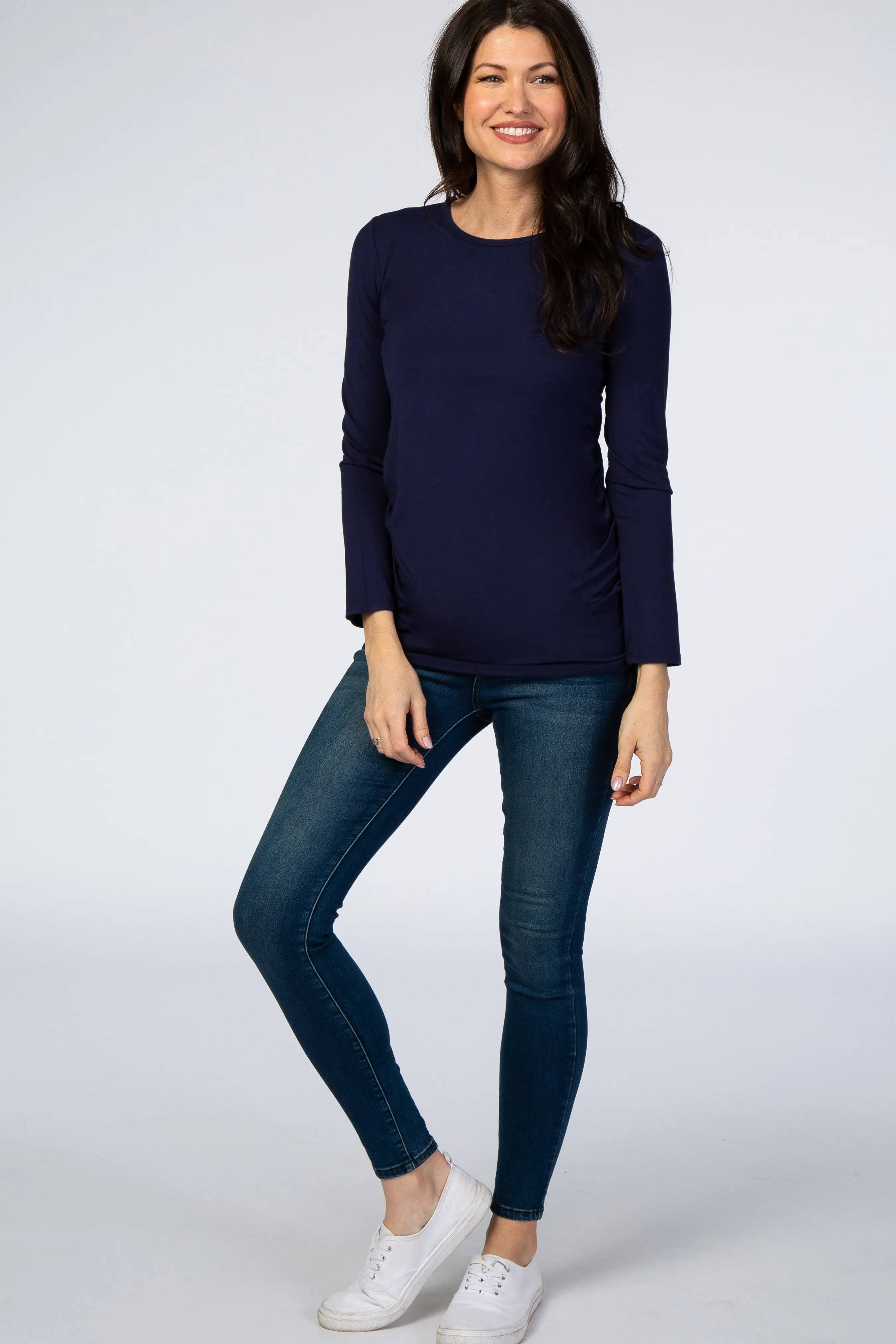 Navy Blue Long Sleeve Ruched Fitted Top sold by Pinkblush product image thumbnail 4