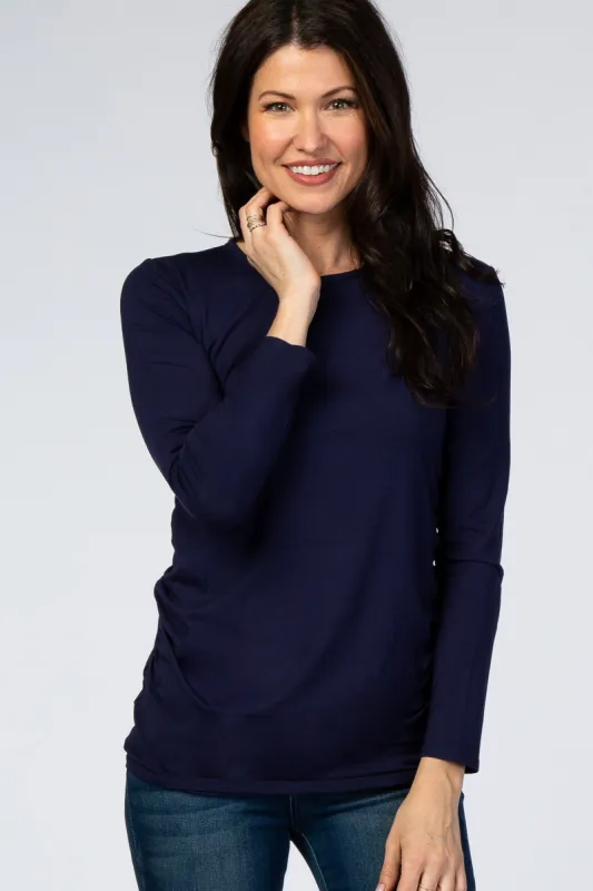 Navy Blue Long Sleeve Ruched Fitted Top sold by Pinkblush