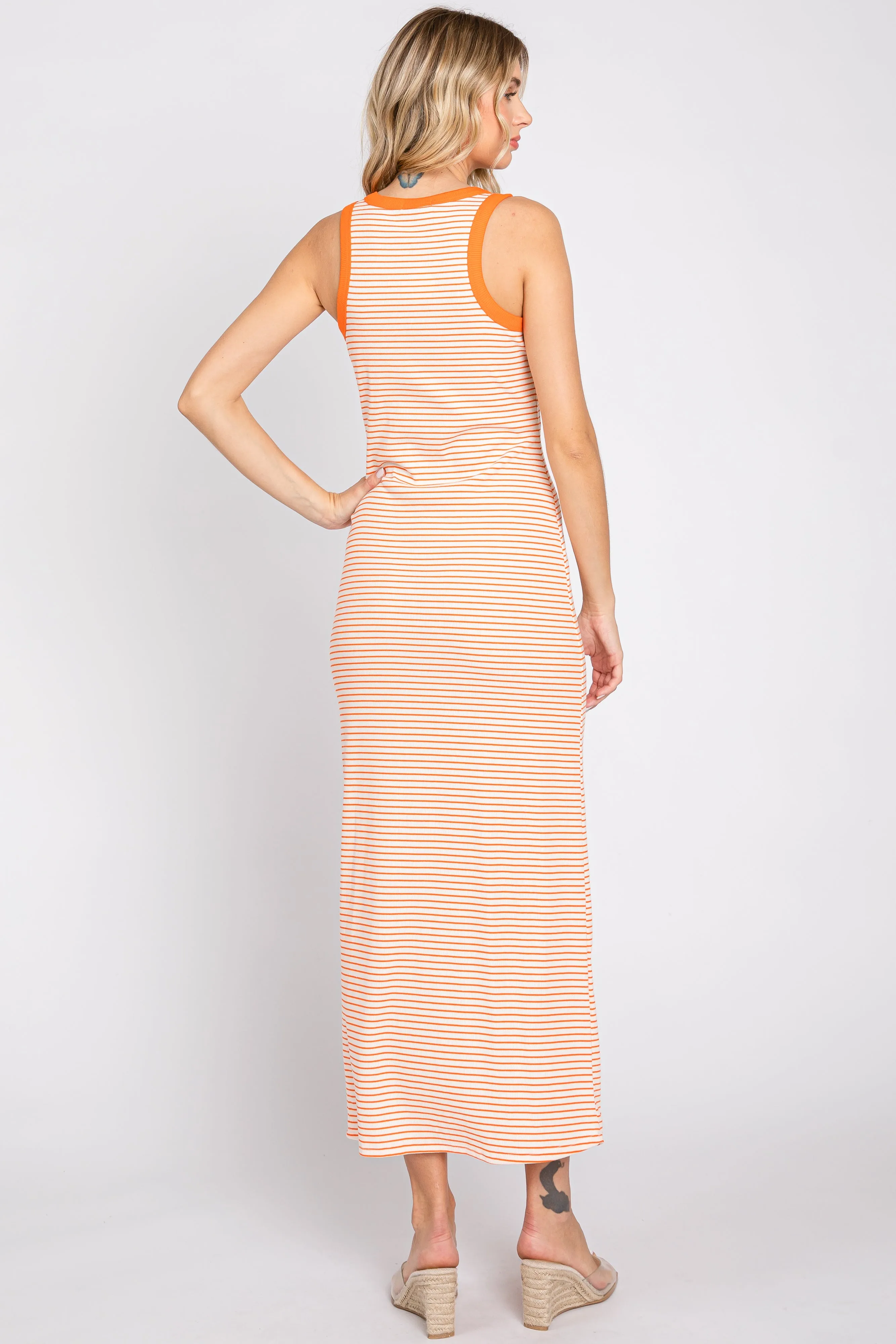 Orange Striped Ribbed Sleeveless Maxi Dress sold by Pinkblush product image thumbnail 3