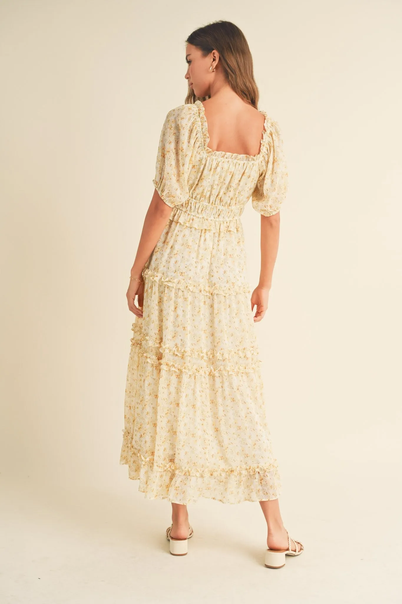 Cream Yellow Floral Print Ruffle Trim Midi Dress sold by Pinkblush product image thumbnail 3