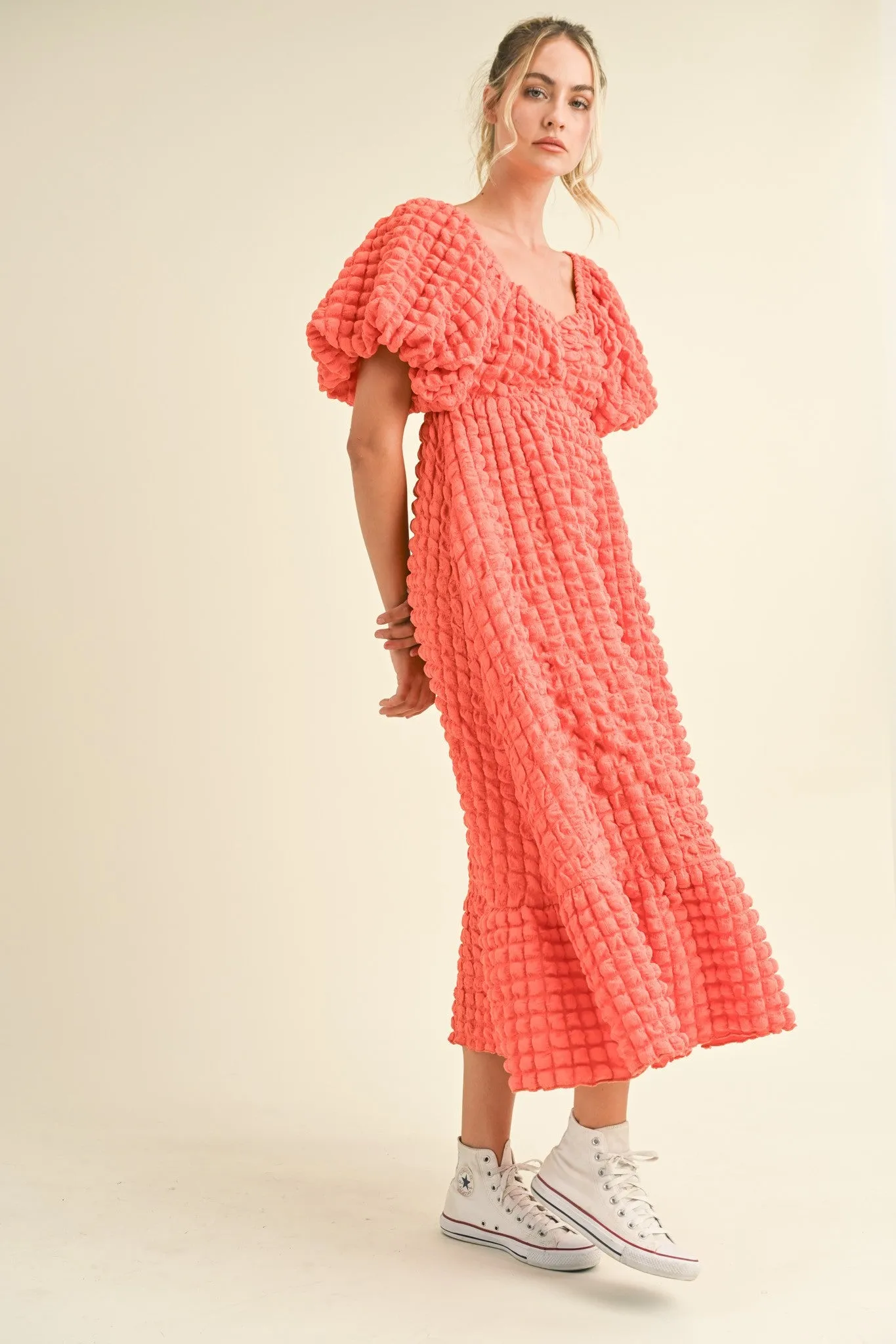 Coral Orange Textured Bubble Sleeve Midi Dress sold by Pinkblush product image thumbnail 4