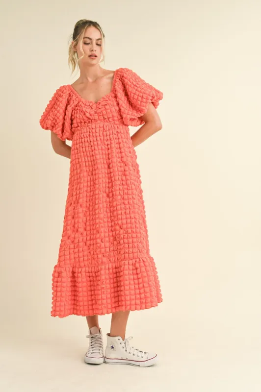 Coral Orange Textured Bubble Sleeve Midi Dress sold by Pinkblush