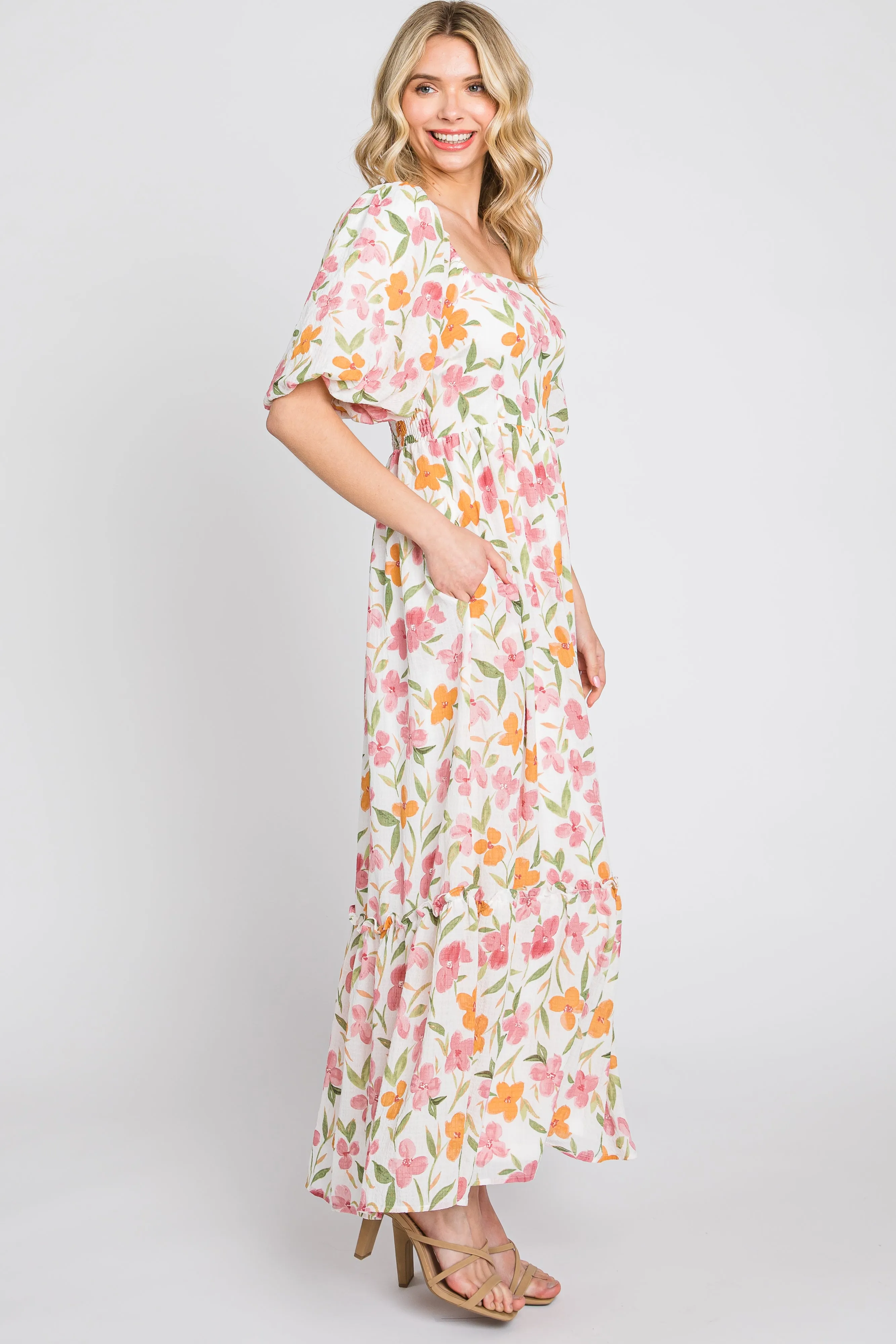 White Floral Puff Sleeve Maxi Dress sold by Pinkblush product image thumbnail 2