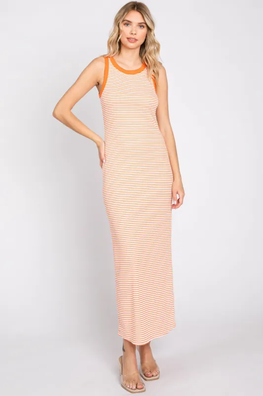 Orange Striped Ribbed Sleeveless Maxi Dress sold by Pinkblush