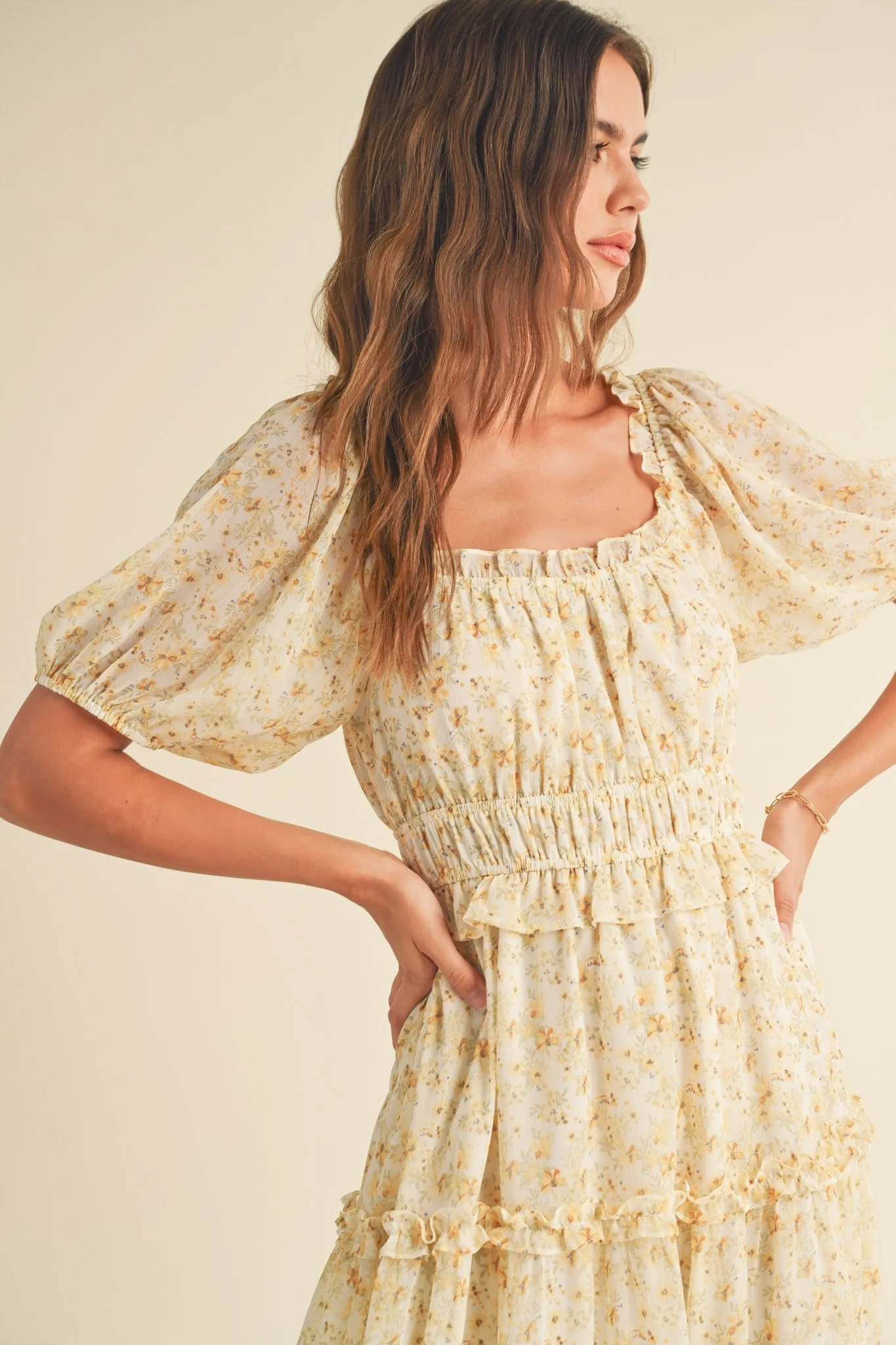 Cream Yellow Floral Print Ruffle Trim Midi Dress sold by Pinkblush product image thumbnail 4