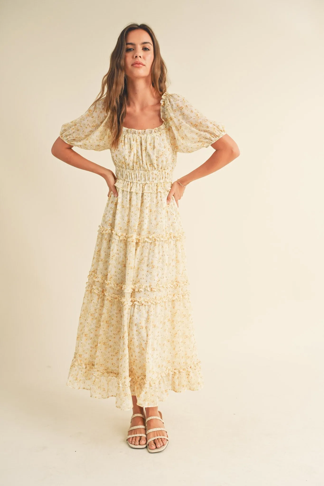 Cream Yellow Floral Print Ruffle Trim Midi Dress sold by Pinkblush