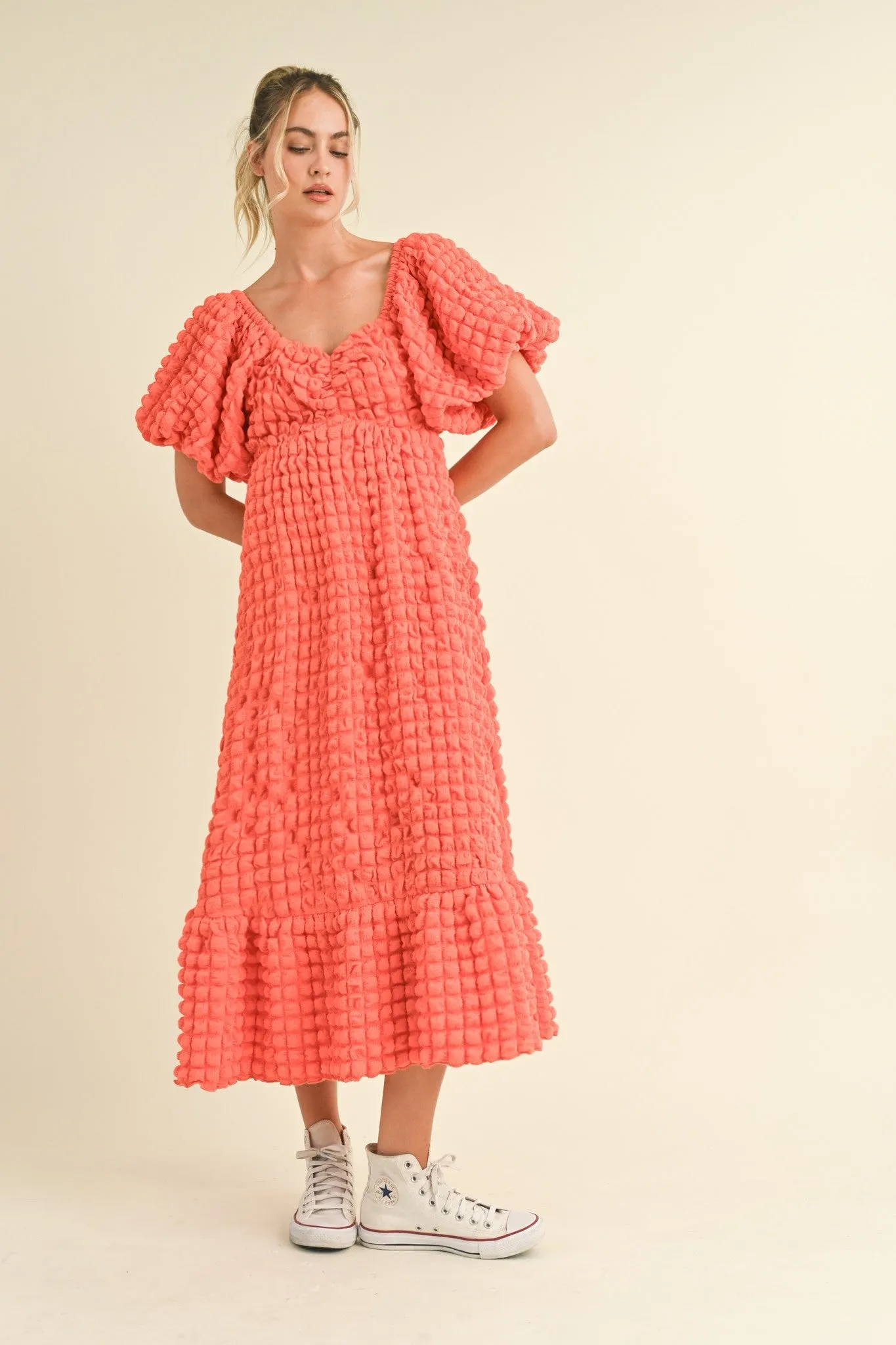Coral Orange Textured Bubble Sleeve Midi Dress sold by Pinkblush product image thumbnail 2